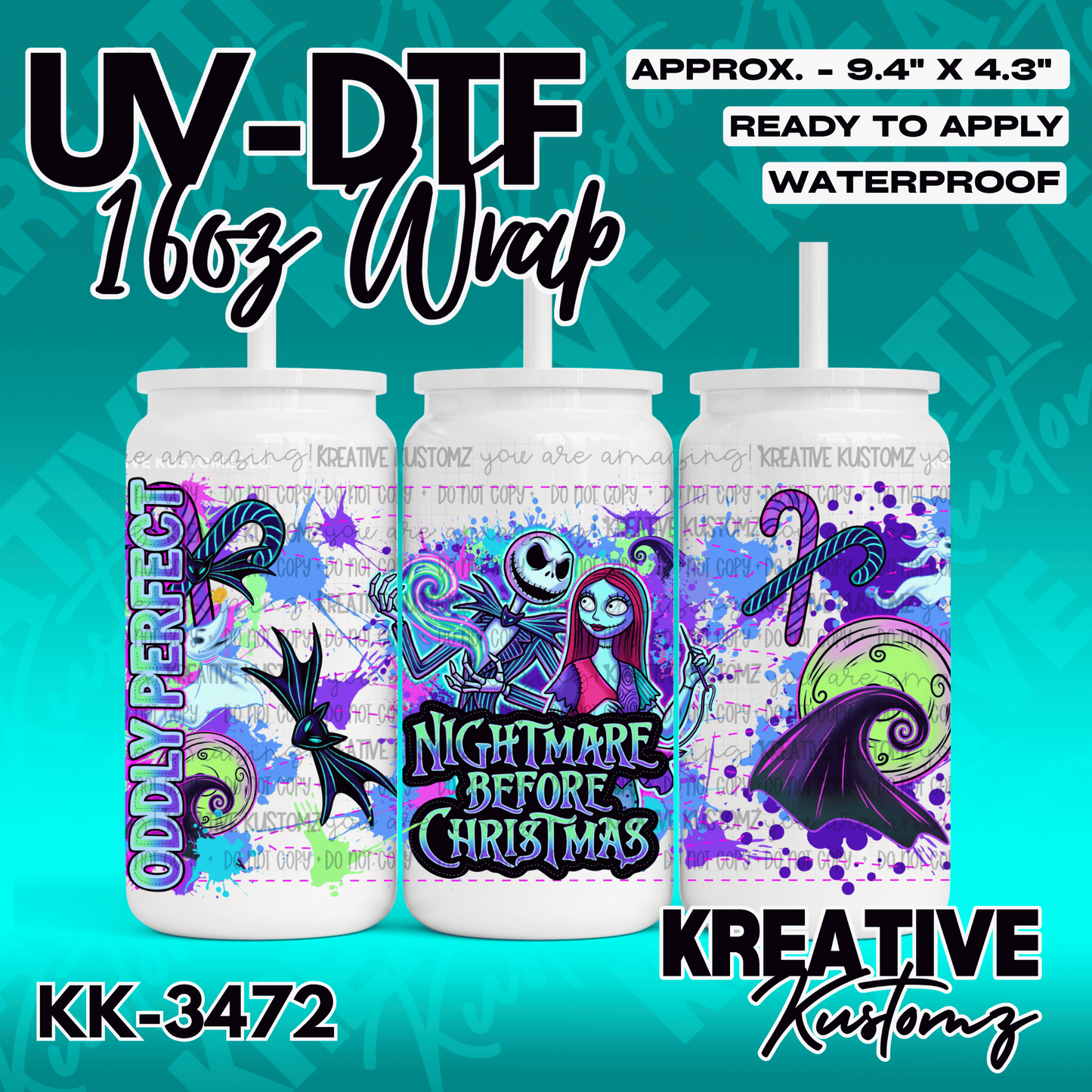 A Nightmare Before Christmas themed UV DTF cup wrap featuring Jack and Sally on a glass can.