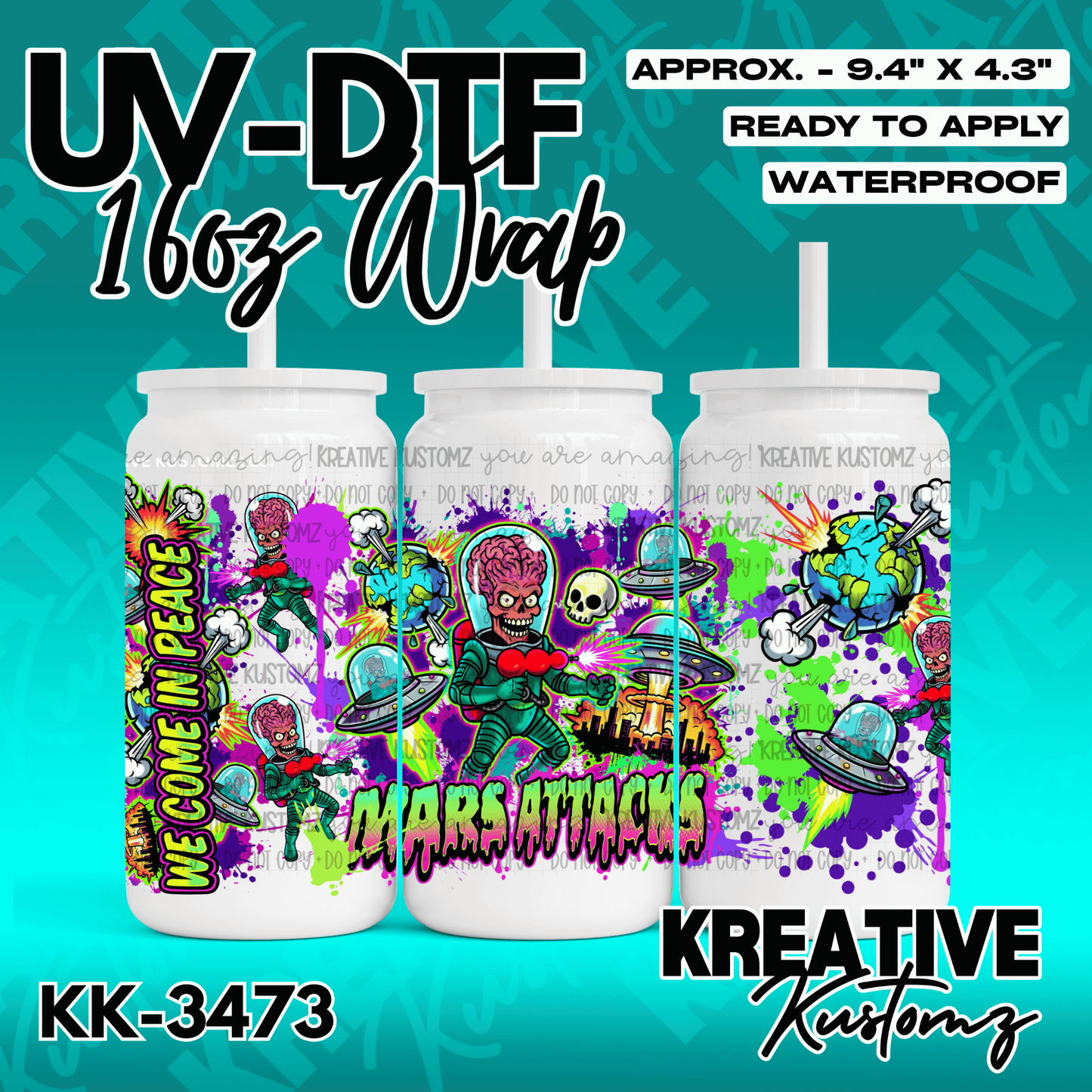 A Mars Attacks themed adhesive wrap for a 16oz glass can featuring aliens and flying saucers.