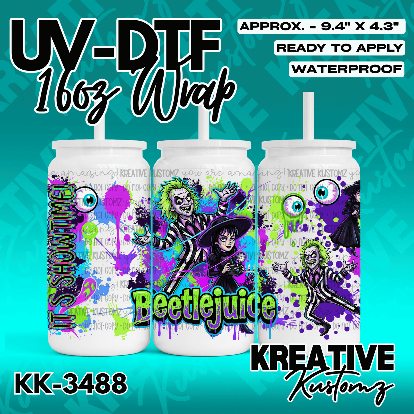 A Beetlejuice themed UV DTF cup wrap featuring characters and paint splatter designs.
