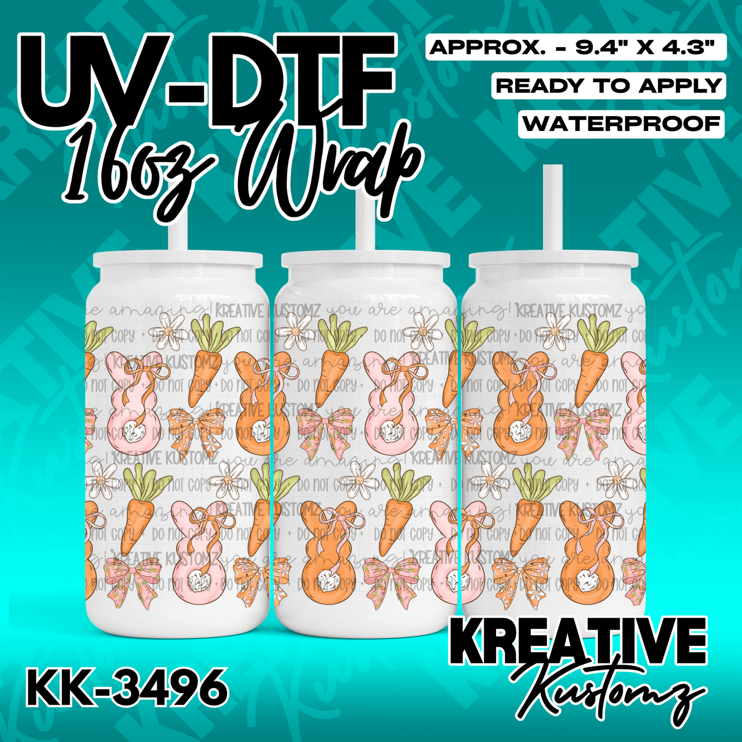 A UV DTF cup wrap featuring a repeating pattern of Easter bunnies, carrots, and bows.
