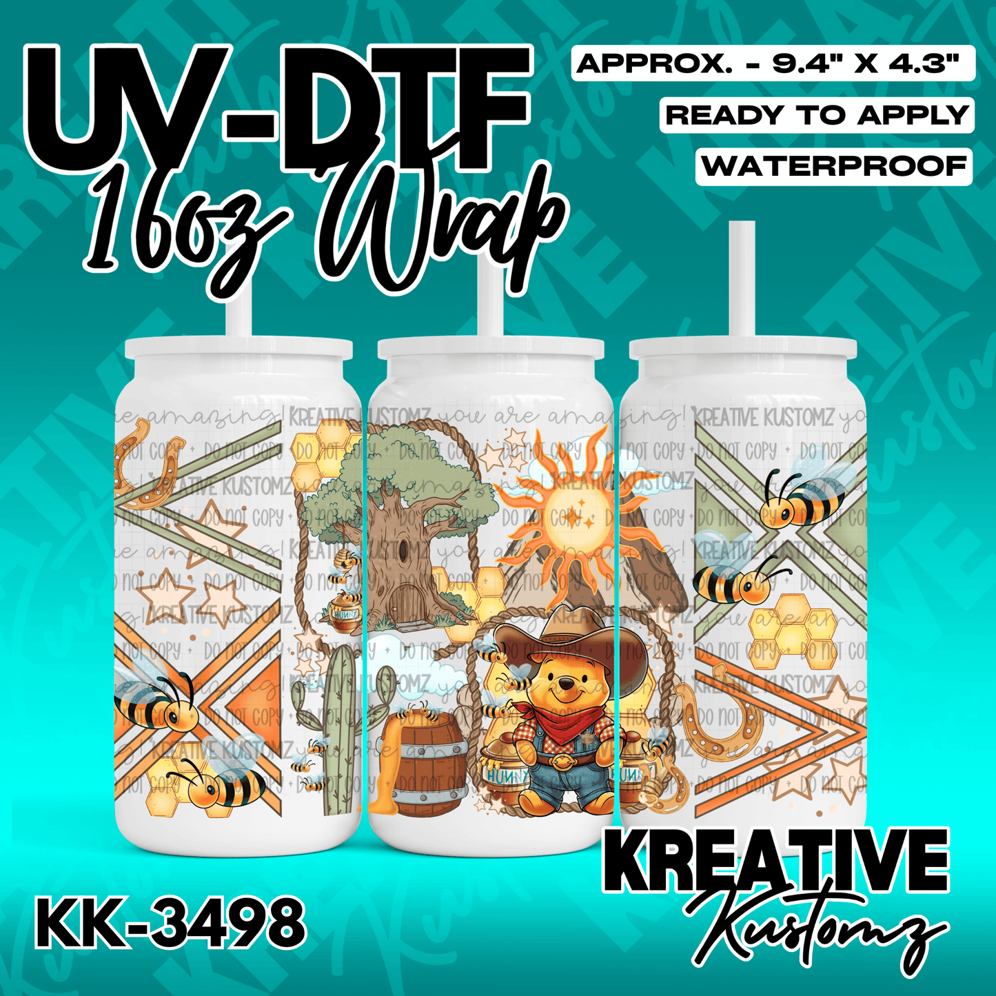 A UV DTF wrap for a 16oz glass cup featuring a Western-themed Winnie the Pooh and bee design.