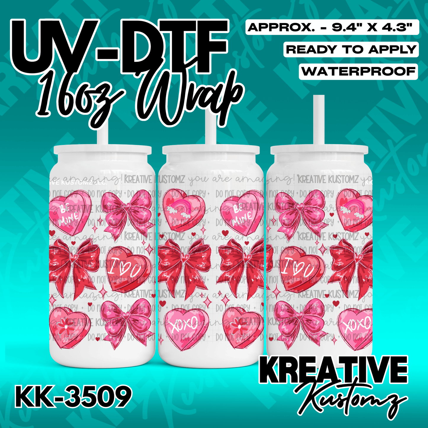 A UV DTF adhesive wrap for 16oz glass cans featuring a pattern of pink hearts and red bows.