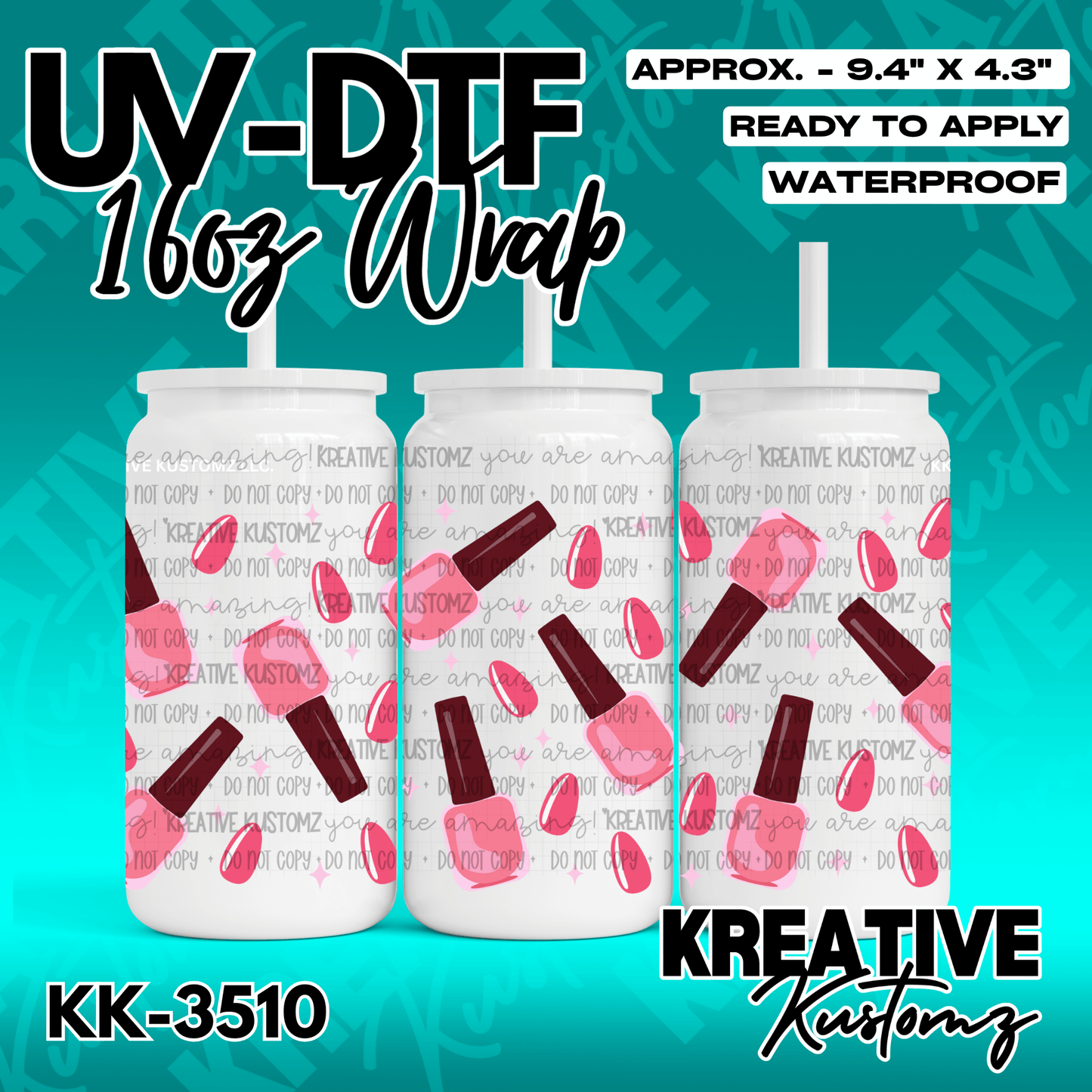A UV DTF wrap for a 16oz glass can featuring a pattern of pink nail polish bottles.