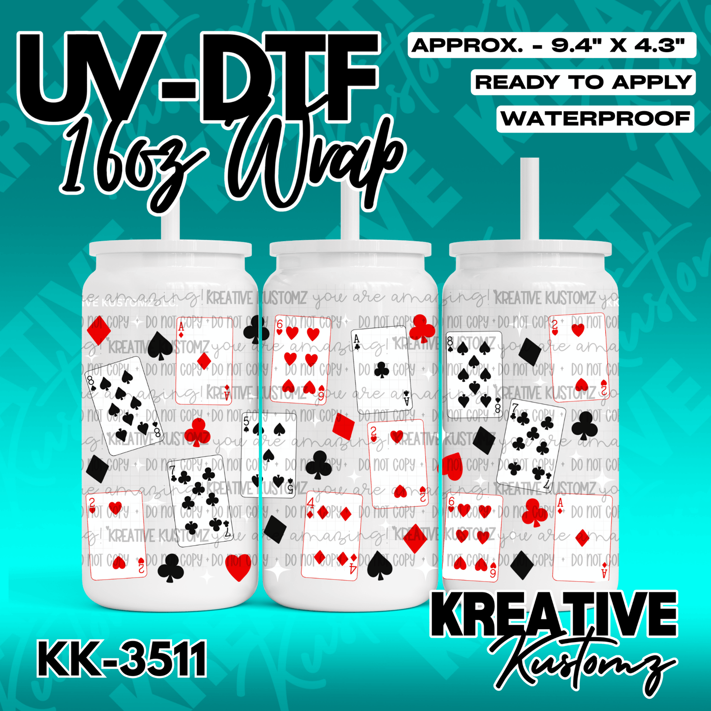 A UV DTF adhesive wrap for 16oz glass cans featuring a pattern of playing cards.