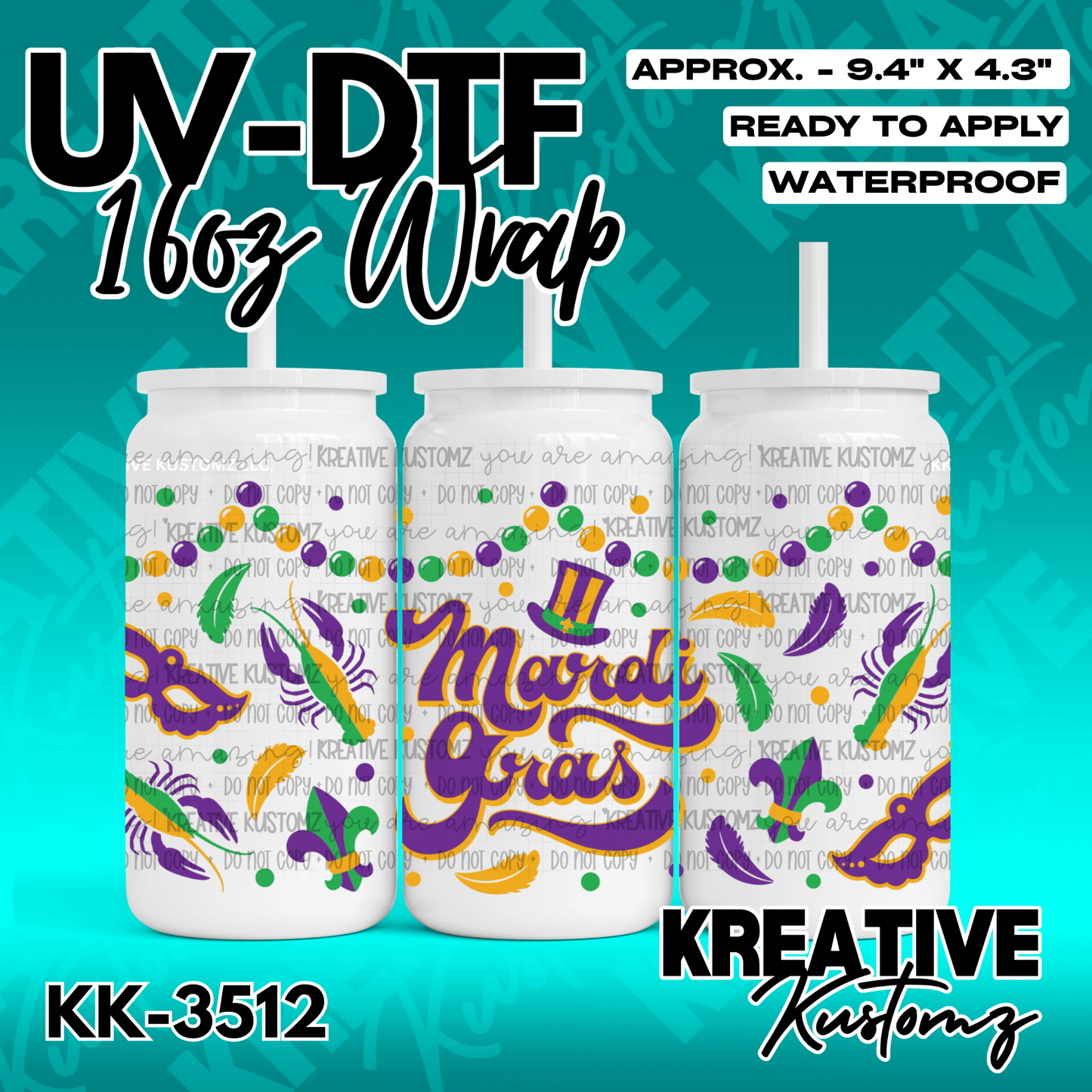 A Mardi Gras themed adhesive wrap for a 16oz glass can featuring festive icons and text.