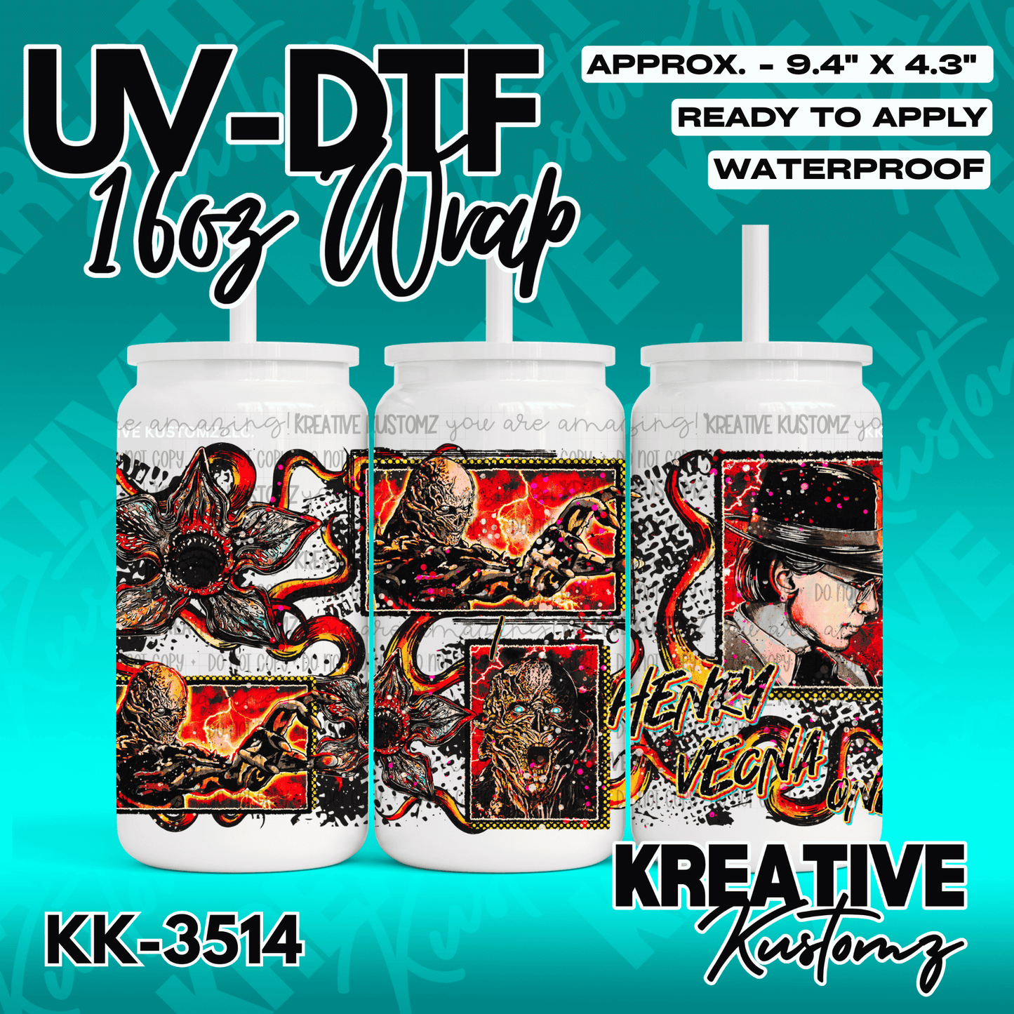 A Stranger Things themed UV DTF adhesive wrap for a 16oz glass can.