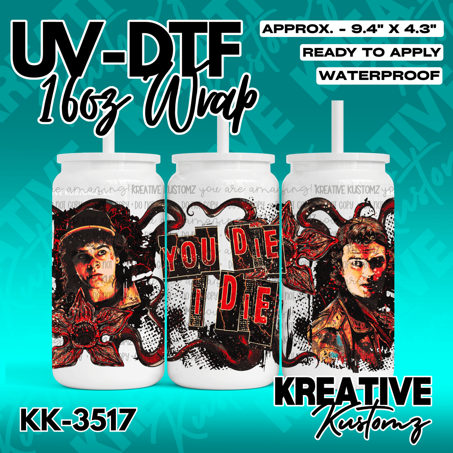 A Stranger Things themed UV DTF cup wrap featuring character portraits and a dark floral design.