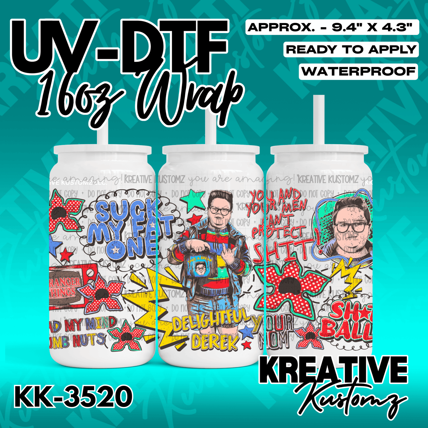 A vibrant UV DTF adhesive wrap for 16oz glass cans featuring Stranger Things themed graphics.