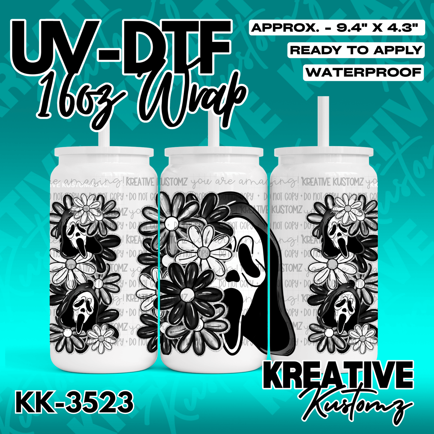A floral UV DTF adhesive wrap featuring Ghostface designs for a 16oz glass can.