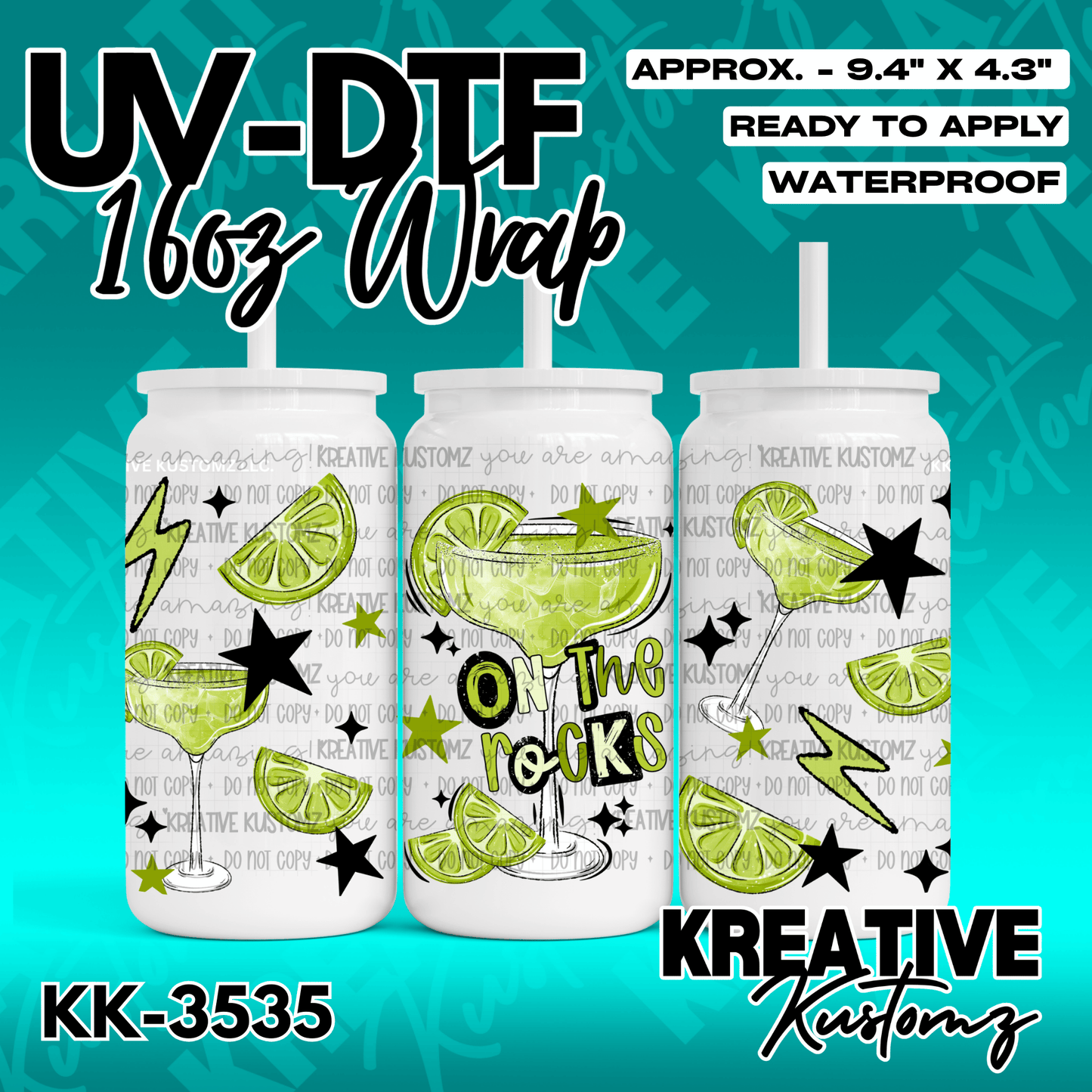 A margarita themed UV DTF wrap for a 16oz glass can featuring lime slices and black stars.