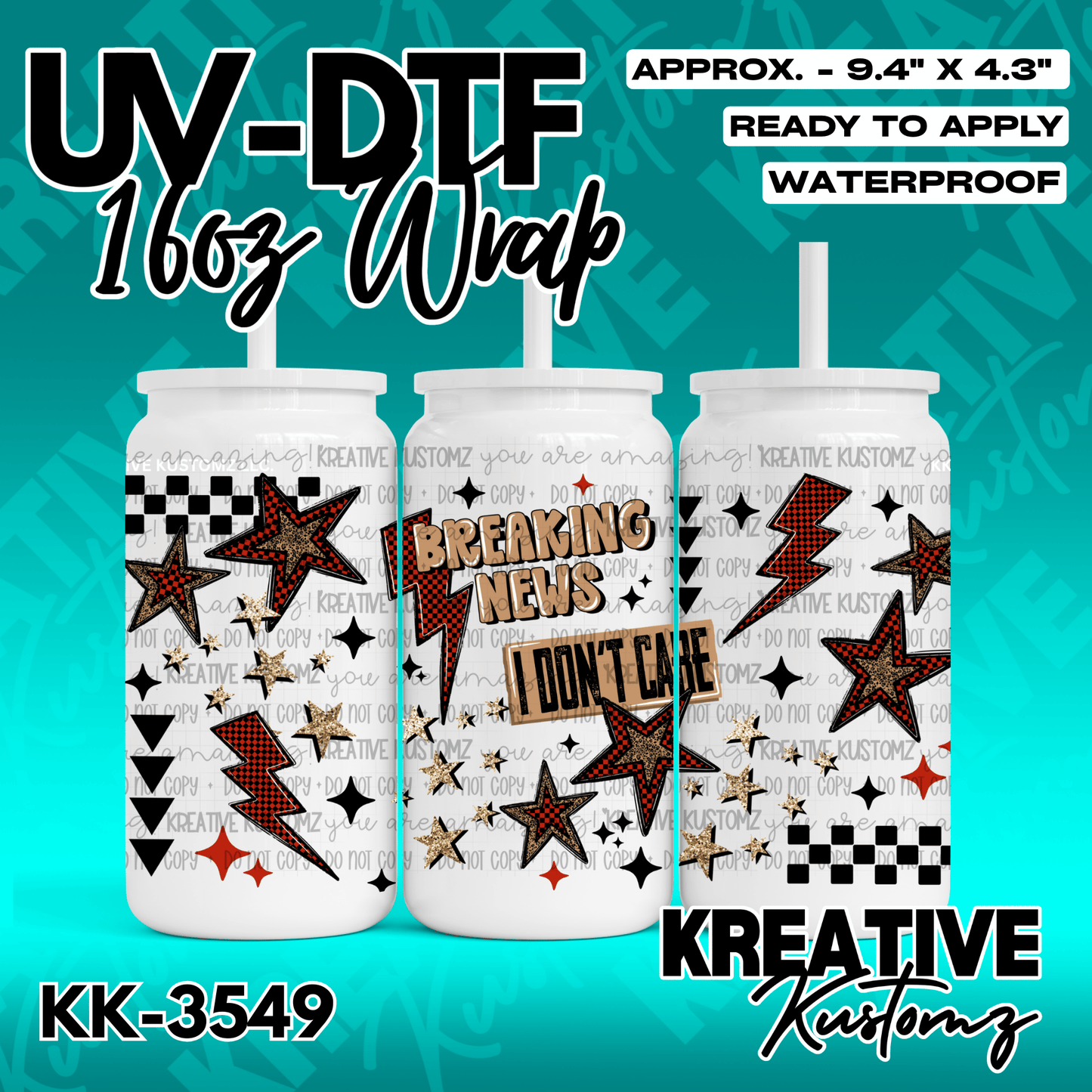 A UV DTF wrap for a 16oz glass can featuring a red and black checkered and lightning bolt design.