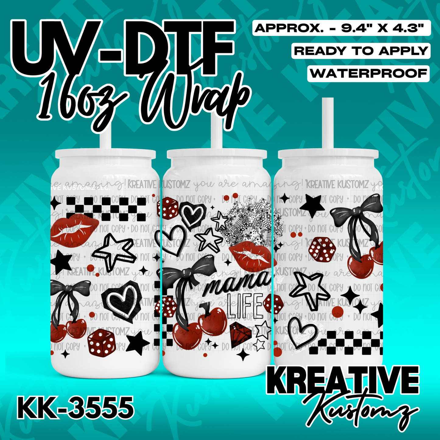 A 16oz glass can wrap featuring a black and red pattern of hearts, cherries, dice, and bows.