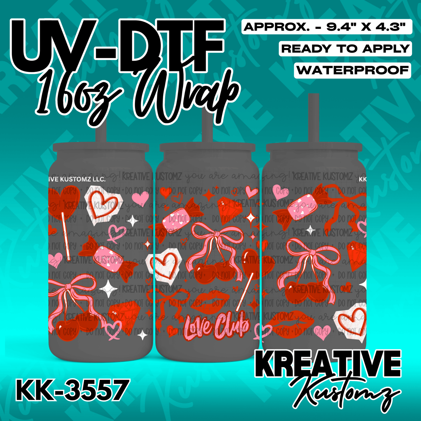 A UV DTF wrap for a 16oz glass cup featuring a red and pink Valentine's Day themed pattern.