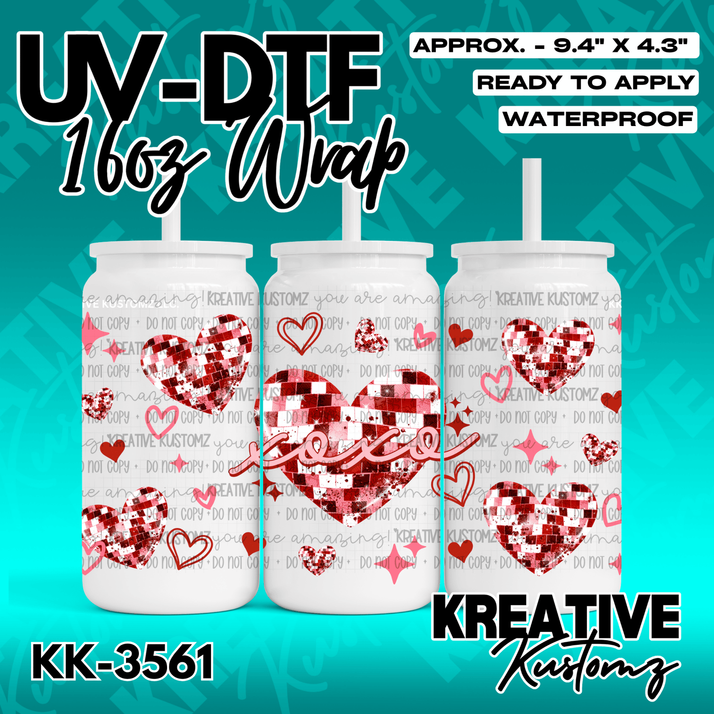 A UV DTF cup wrap featuring red and white checkered hearts and the word xoxo on a white background.