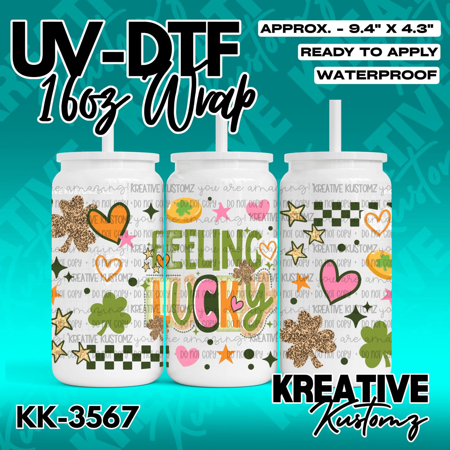 A 16oz glass can wrap featuring a colorful St. Patrick's Day theme with shamrocks and hearts.