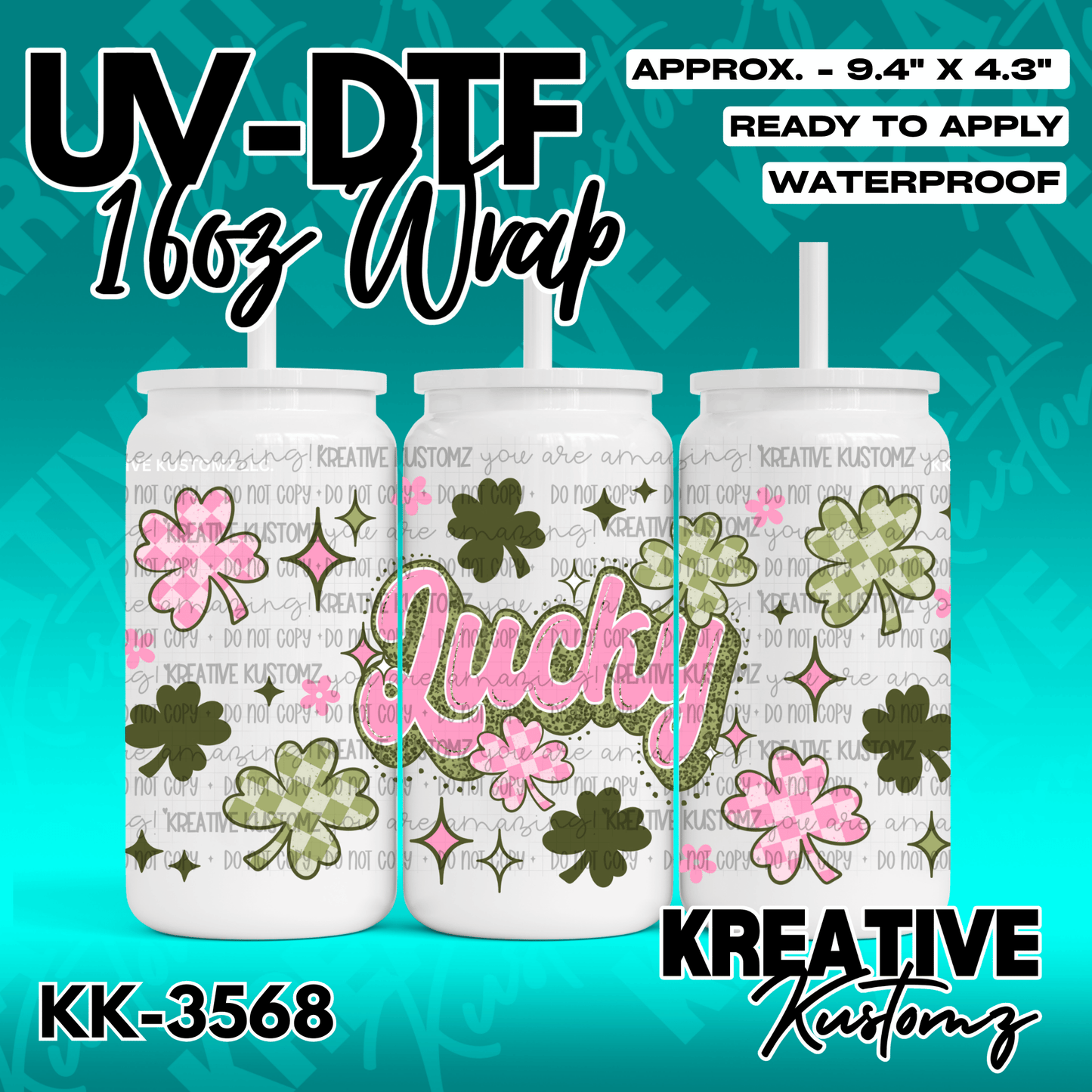 A UV DTF cup wrap featuring pink and green checkered shamrocks and the word Lucky.