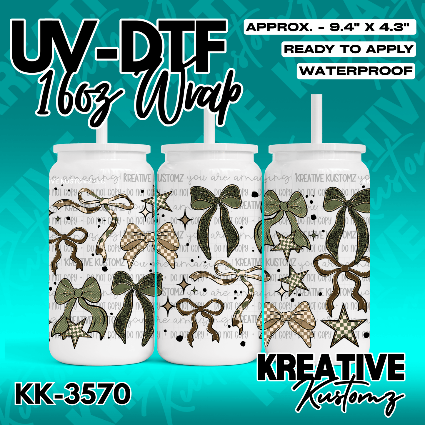 A 16oz glass can wrap featuring a pattern of green and tan checkered bows and stars.