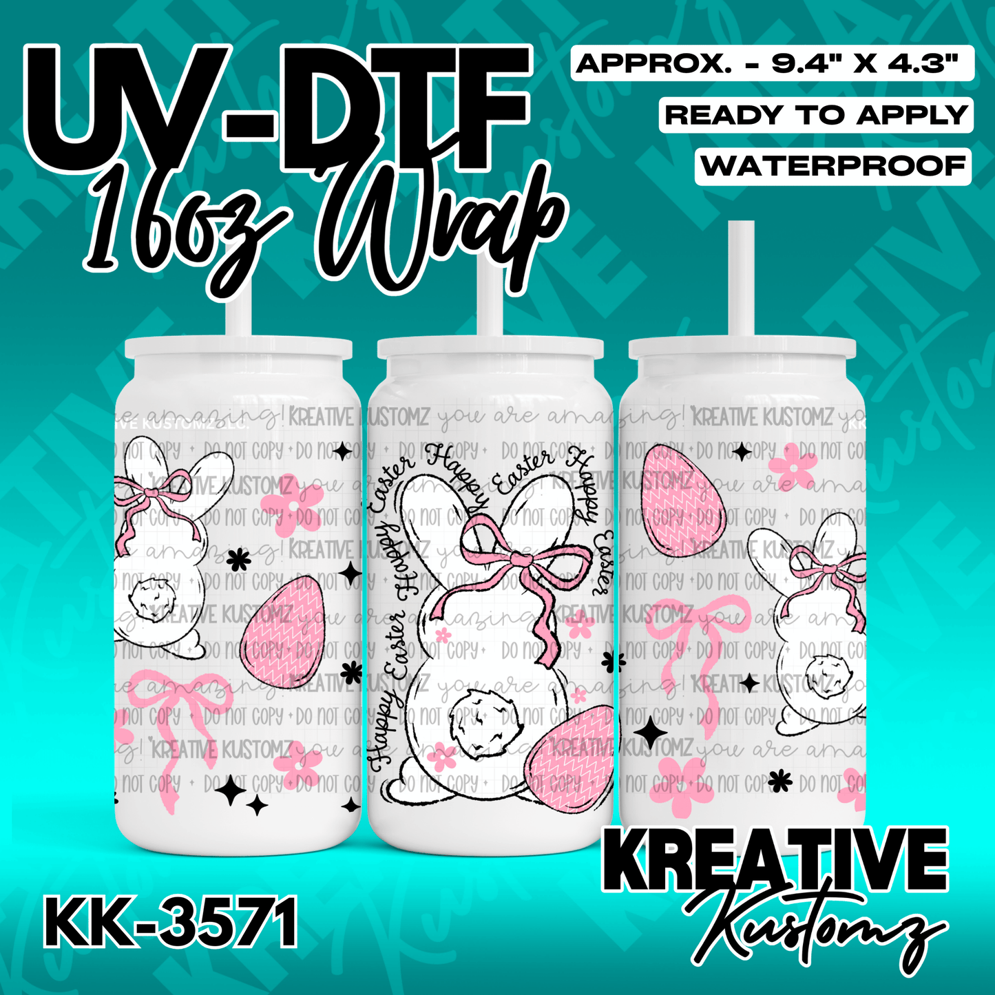 A 16oz glass can wrap featuring a pink and white Easter bunny design with flowers and eggs.