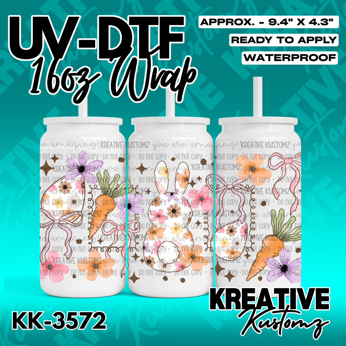 A floral Easter-themed adhesive wrap for a 16-ounce glass can featuring a bunny and carrots.