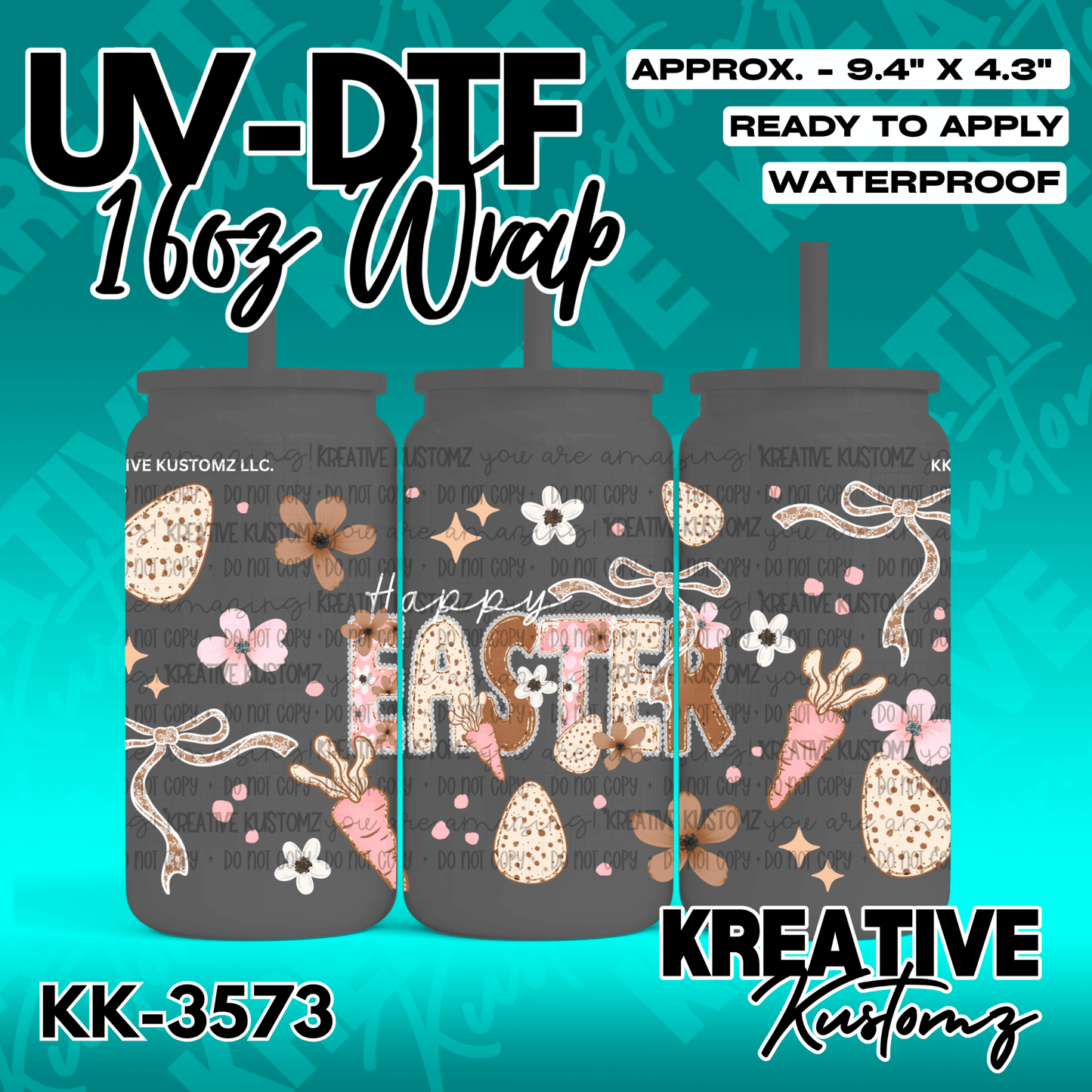 A waterproof UV DTF adhesive wrap for 16oz glass cans featuring a decorative Easter theme.