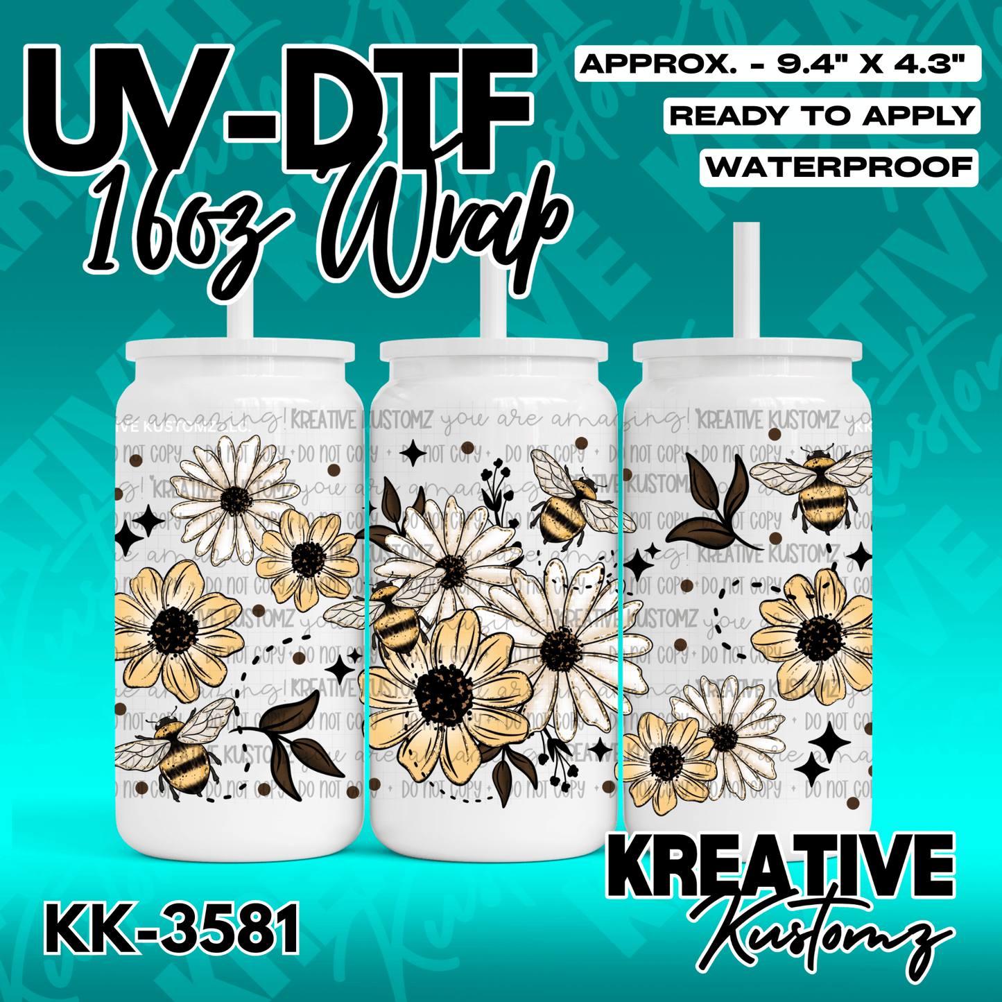 A UV DTF adhesive wrap for 16oz glass cans featuring a floral and bee pattern.