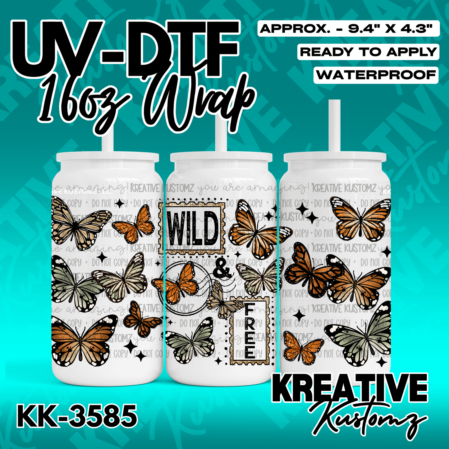 A butterfly-themed adhesive wrap for a 16-ounce glass cup featuring the text Wild and Free.