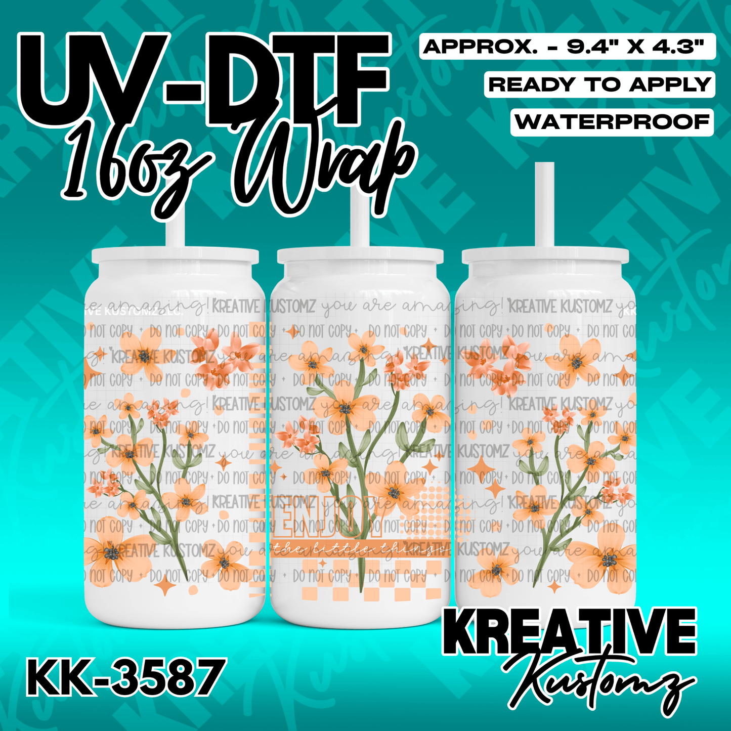 A UV DTF adhesive cup wrap featuring orange flowers and checkered patterns for a 16oz glass can.