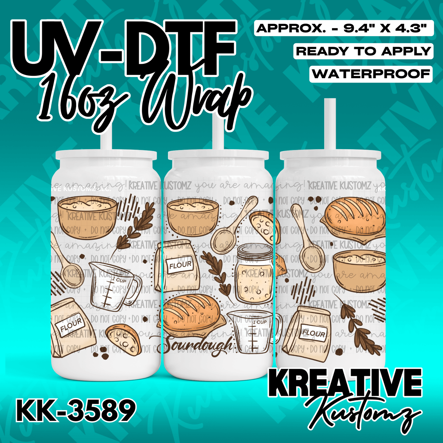 A baking themed UV DTF adhesive wrap for a 16oz glass cup featuring sourdough and flour motifs.