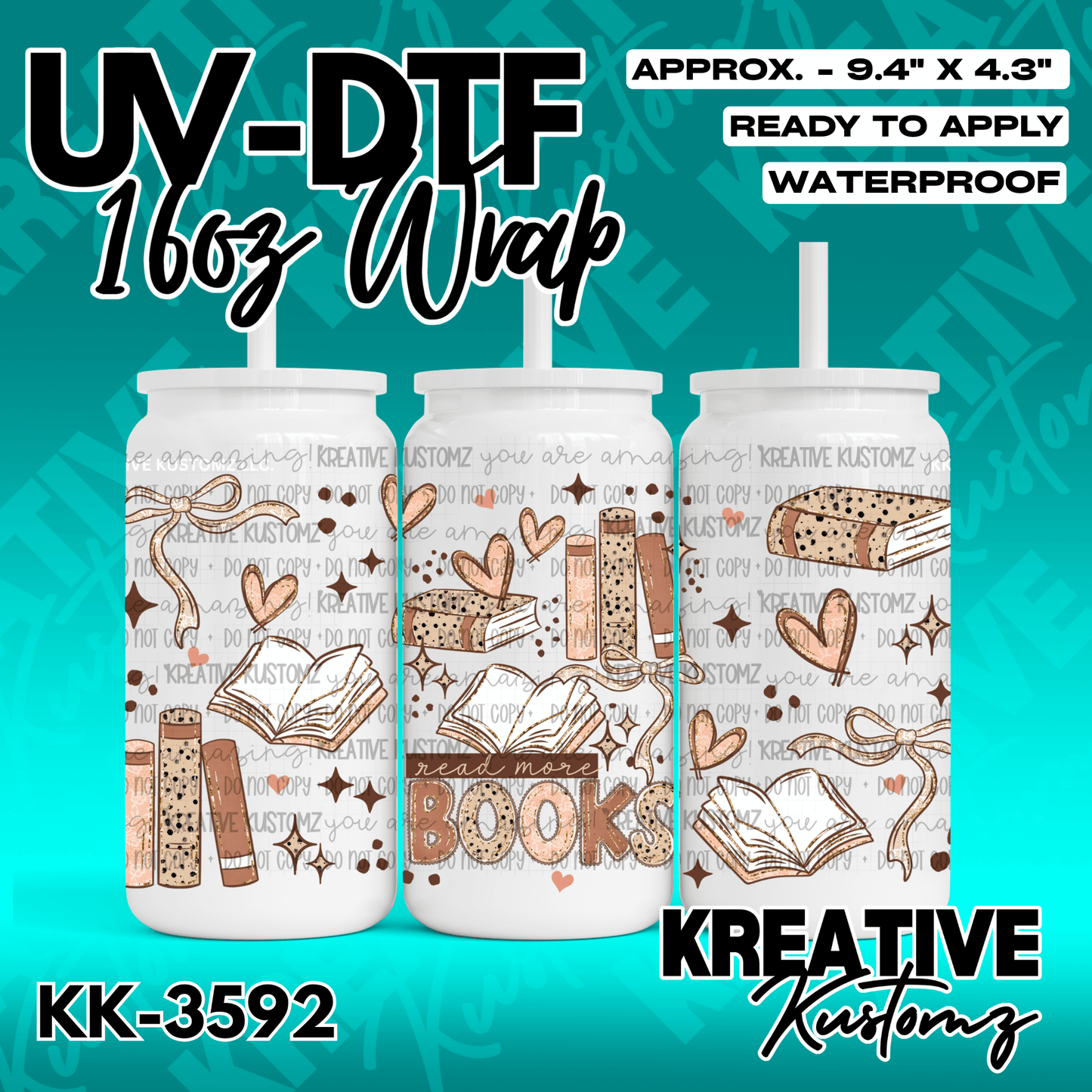 A book-themed UV DTF adhesive wrap for 16oz glass cans featuring illustrations of books and bows.