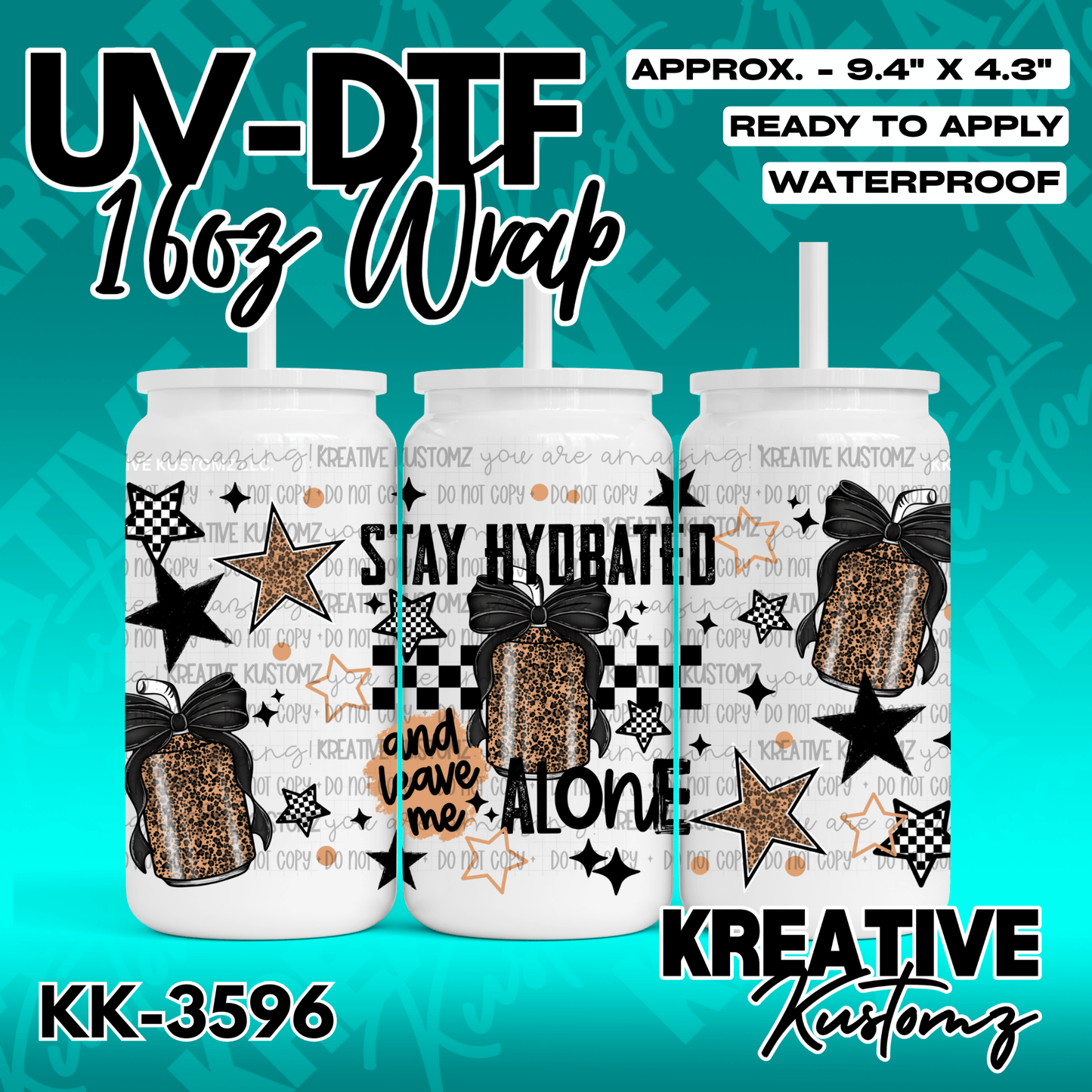 A UV DTF adhesive wrap for 16oz glass cans featuring leopard print jars, stars, and text.
