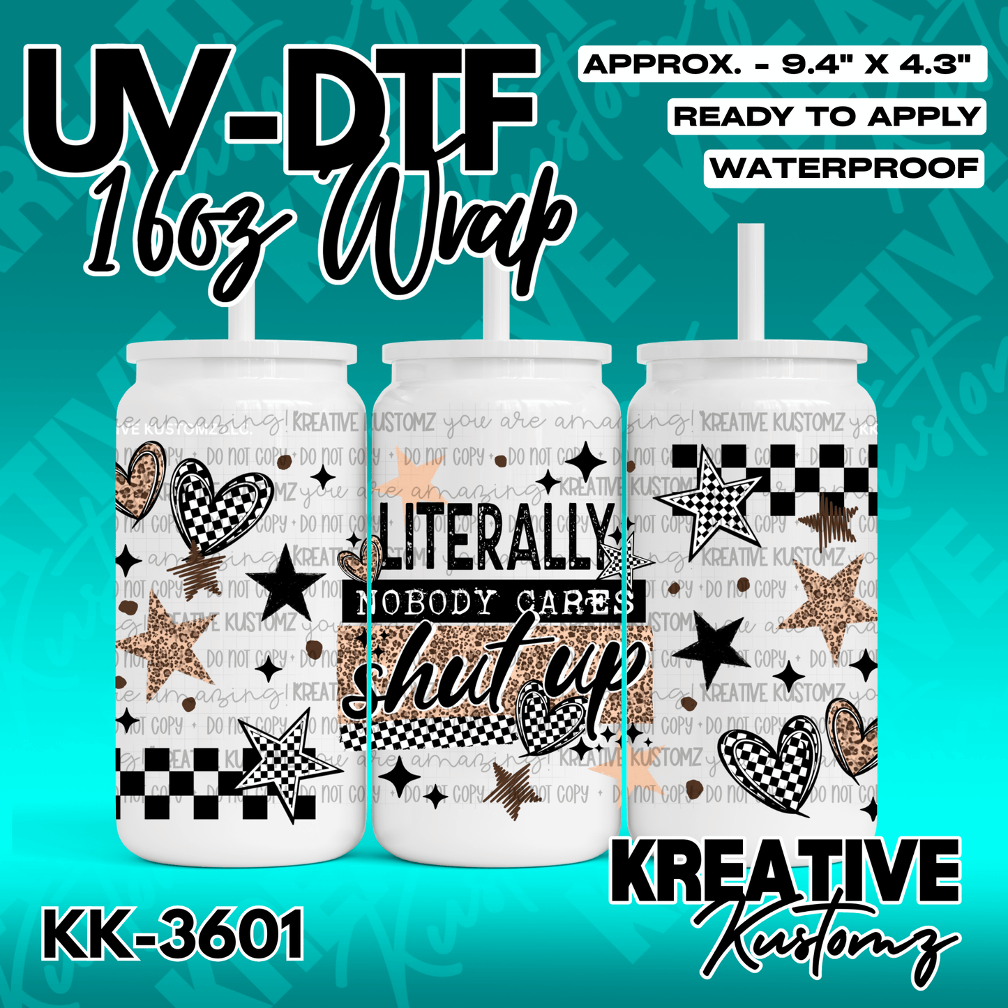 A UV DTF cup wrap featuring black and tan checkered hearts and stars with the text shut up.
