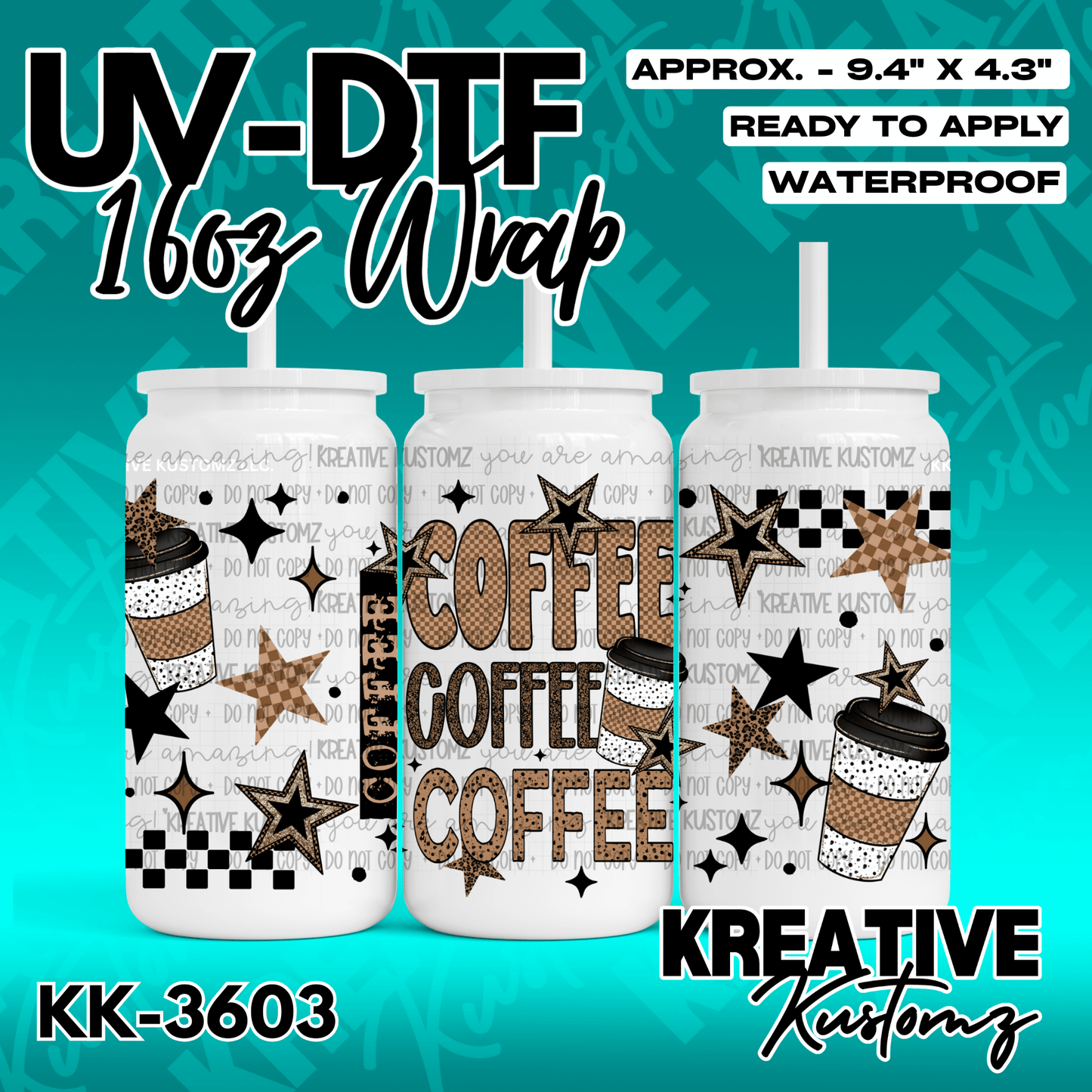 A coffee themed UV DTF adhesive wrap for a 16 ounce glass can featuring stars and checkered patterns.