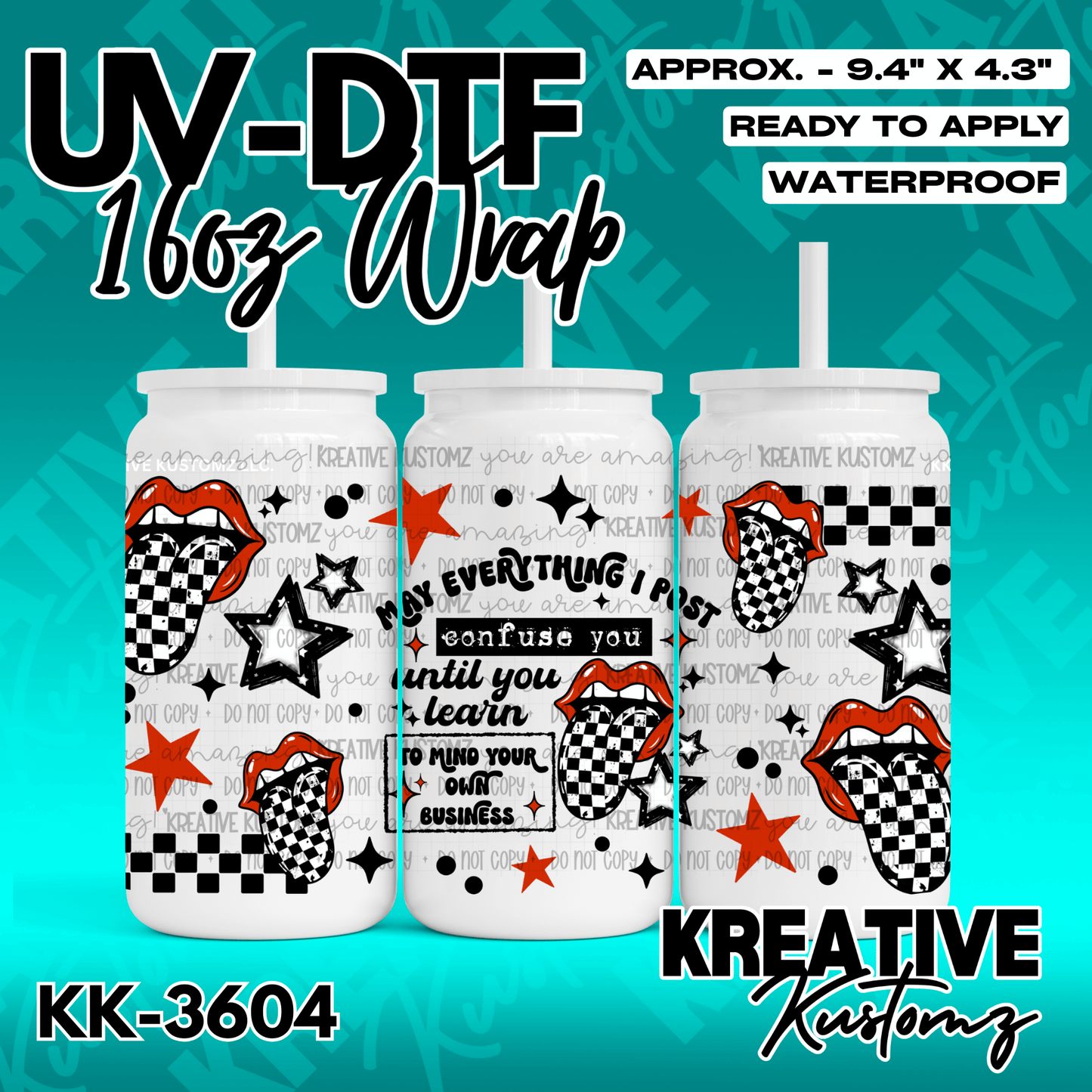A UV DTF adhesive wrap for 16oz glass cans featuring a red lip and checkered pattern design.