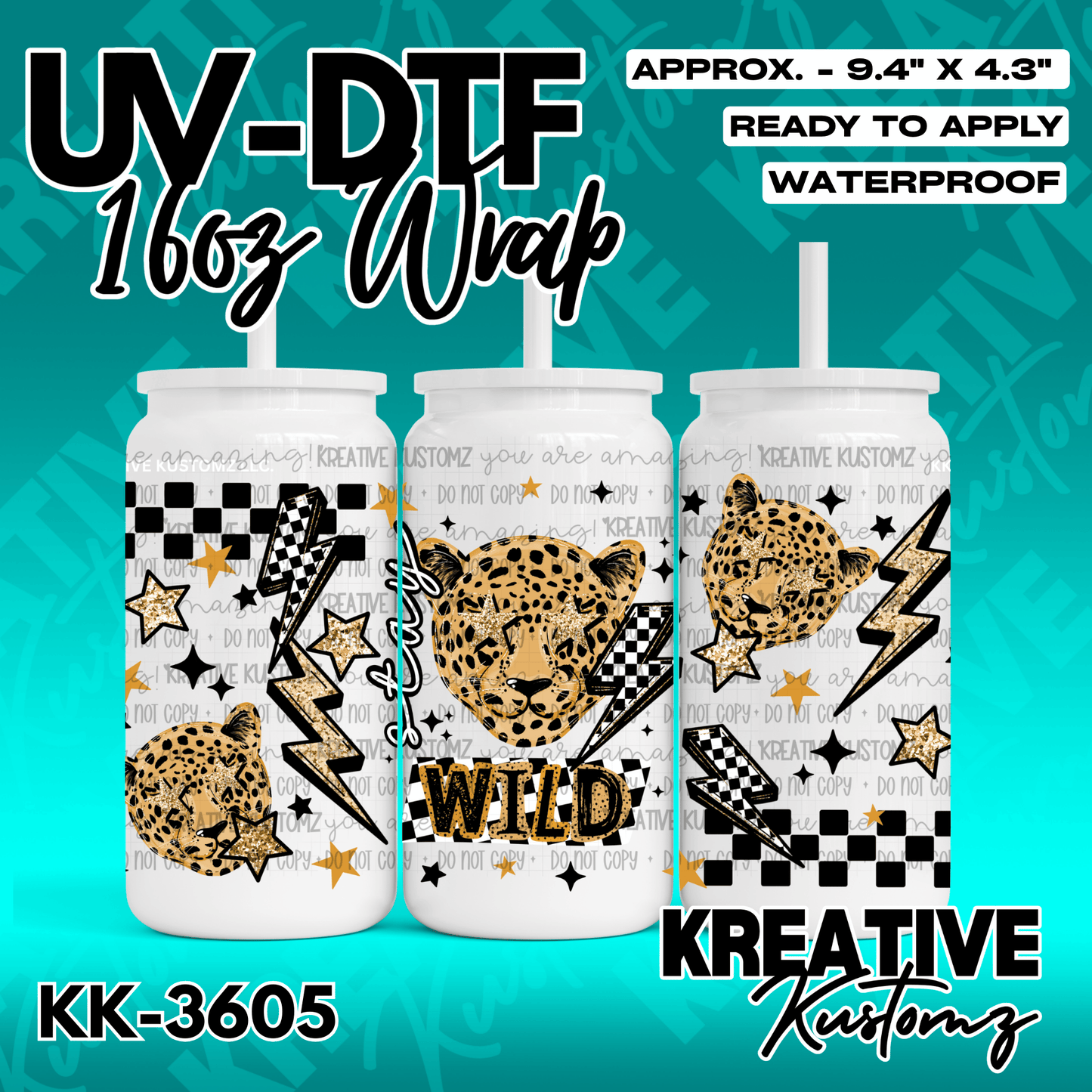 A leopard print and lightning bolt themed adhesive wrap for a 16oz glass cup.