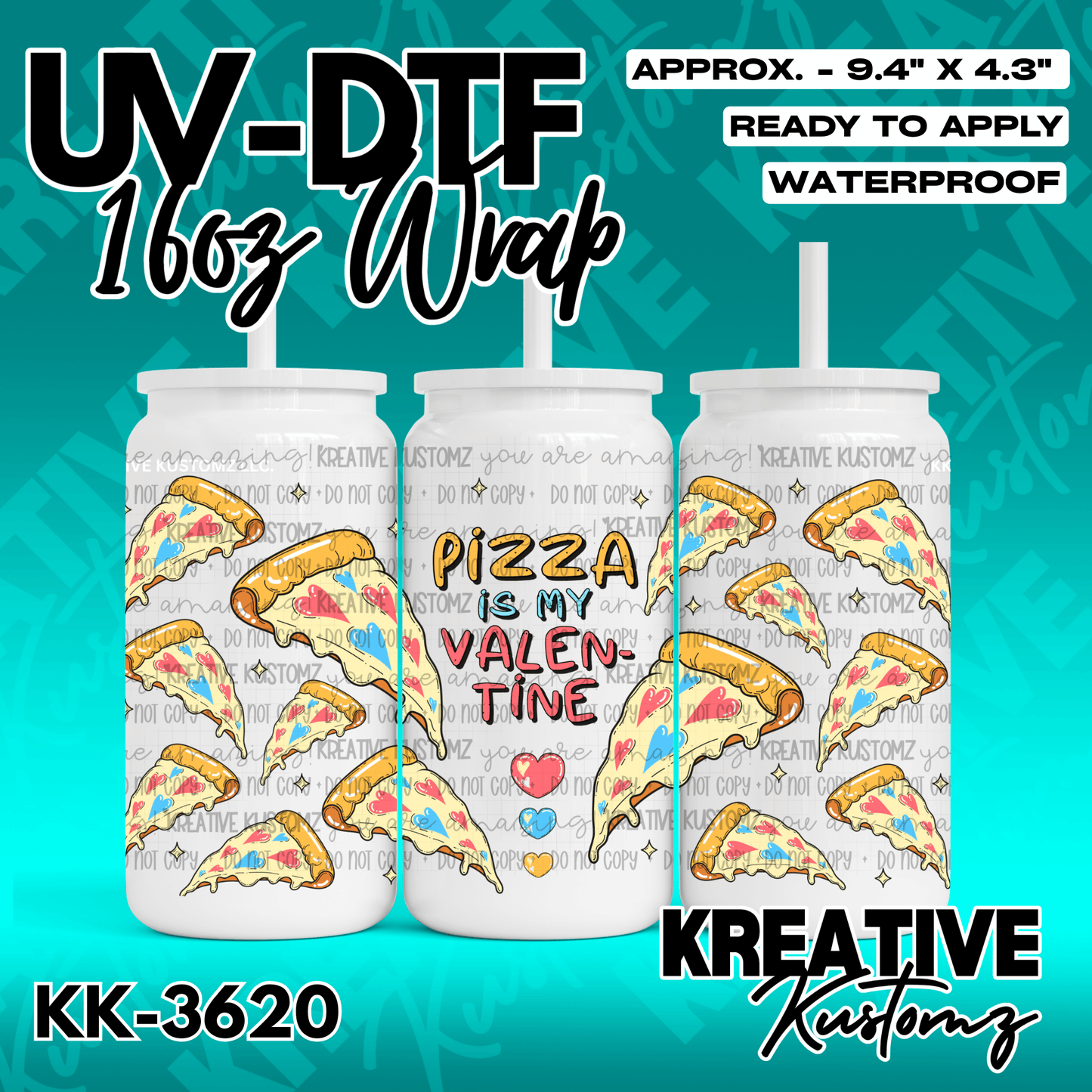 A pizza-themed adhesive wrap for a 16-ounce glass can featuring slices and hearts.