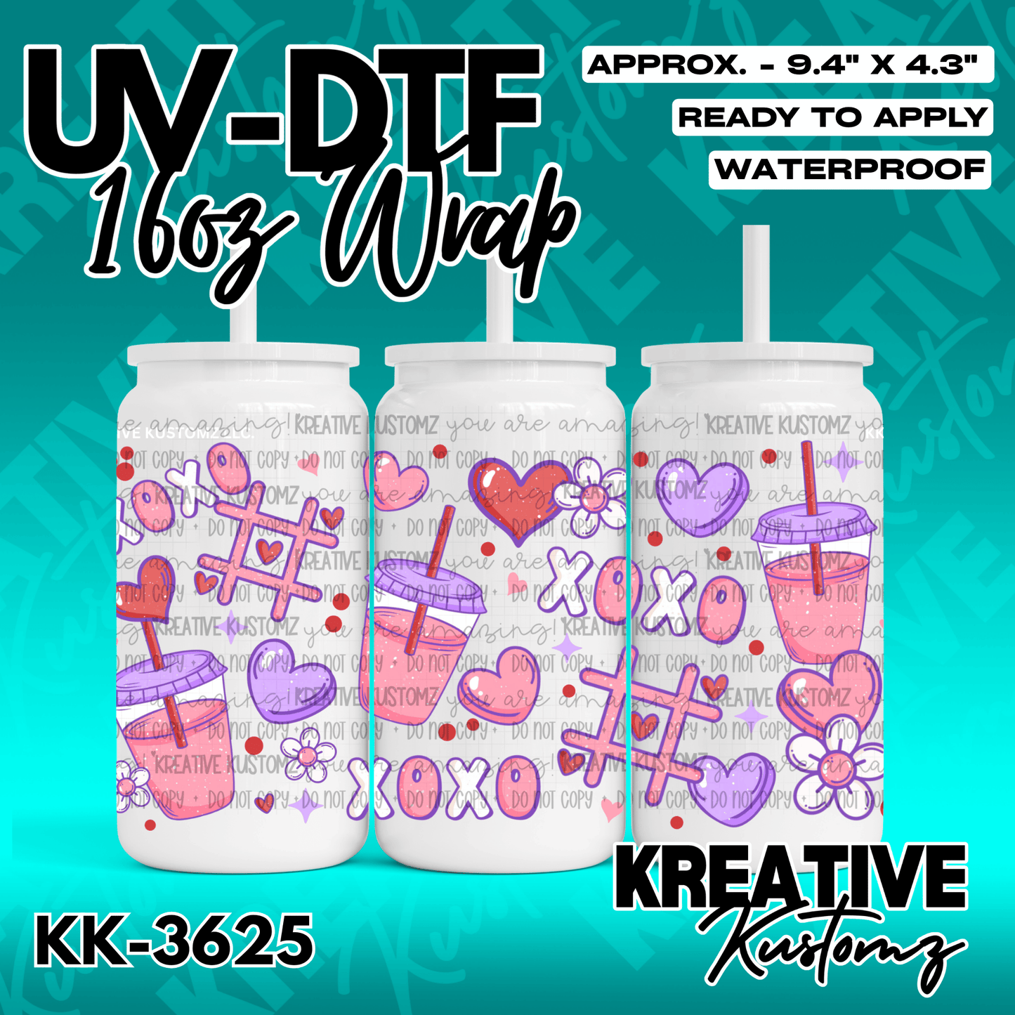 A vibrant UV DTF adhesive wrap for 16oz glass cans featuring hearts, flowers, and XOXO text.