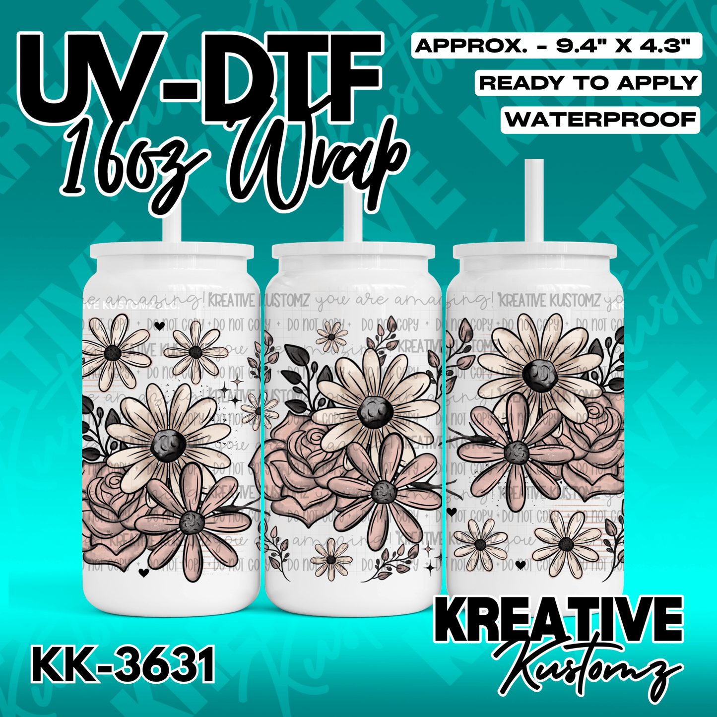 A floral UV DTF adhesive wrap for 16oz glass cans featuring a pattern of pink and brown flowers.