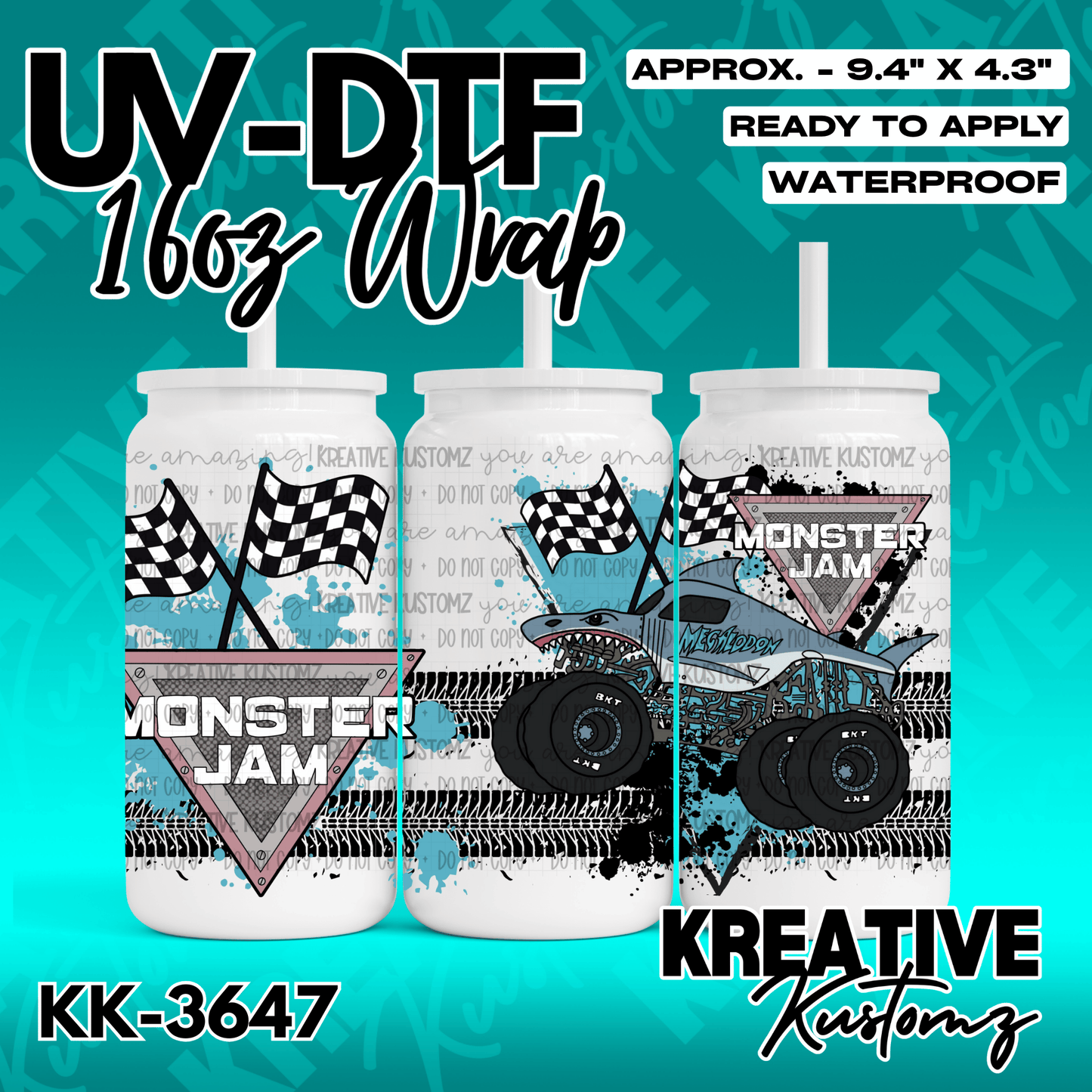 A Monster Jam themed UV DTF adhesive wrap for a 16oz glass can featuring a shark monster truck.