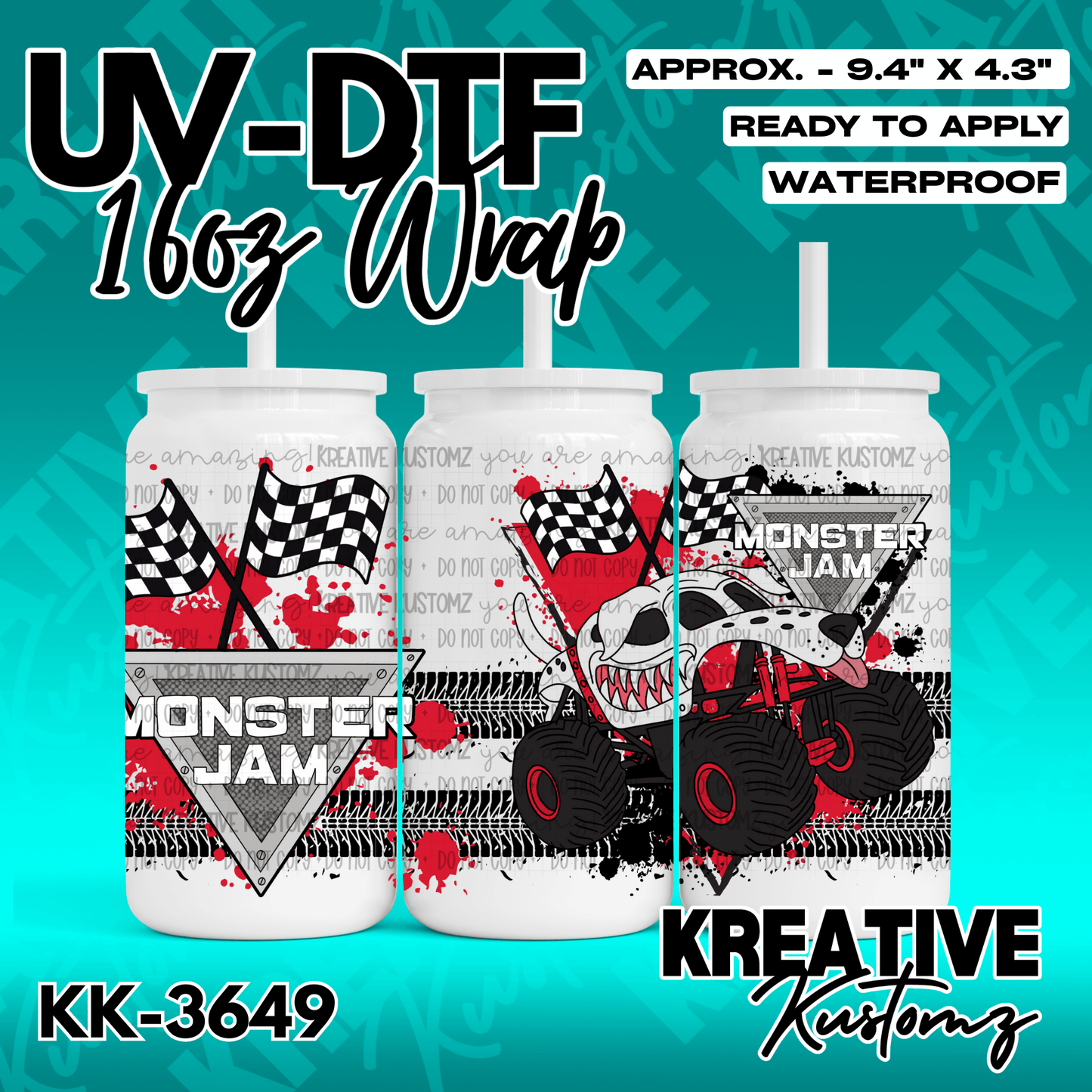 A Monster Jam themed UV DTF wrap for a 16oz glass can featuring a monster truck and flags.
