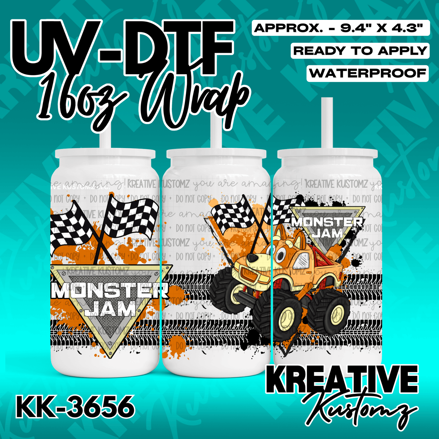 A Monster Jam themed UV DTF wrap for a 16oz glass can featuring a monster truck and flags.