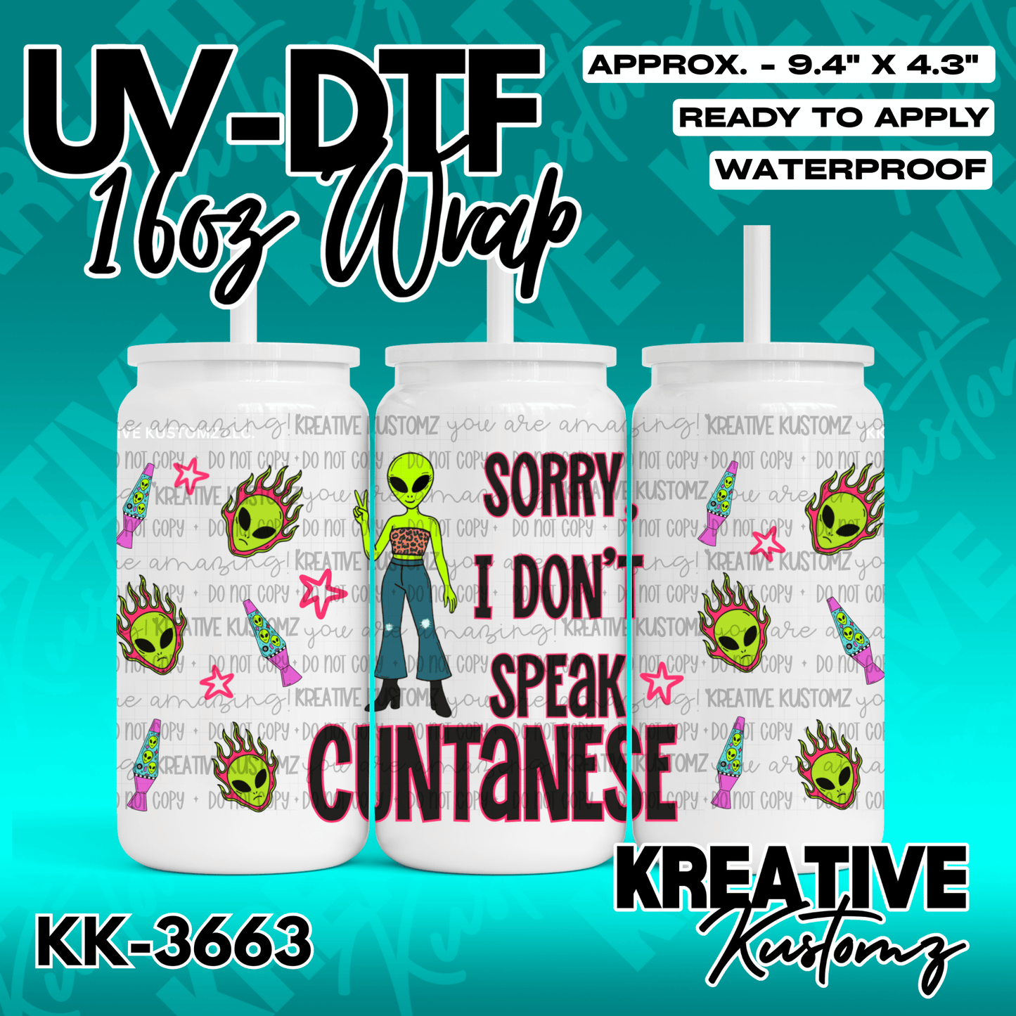 A UV DTF cup wrap featuring alien, lava lamp, and flame graphics with the text Cuntanese.