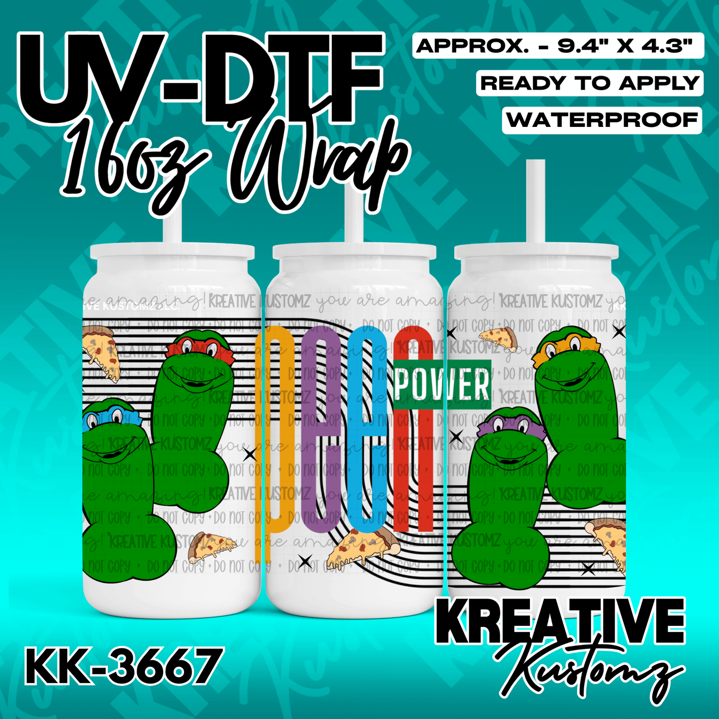 A UV DTF cup wrap featuring cartoon turtles and pizza slices with the word pizza in bold letters.