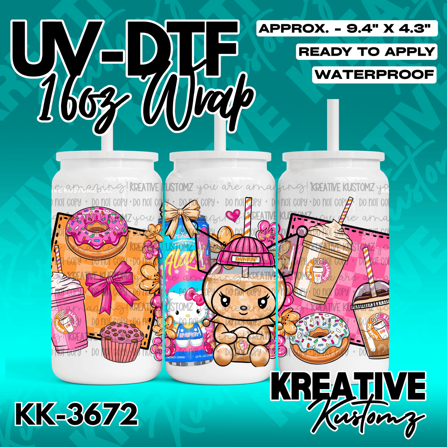 A colorful UV DTF cup wrap featuring Dunkin themed donuts, coffee, and character illustrations.