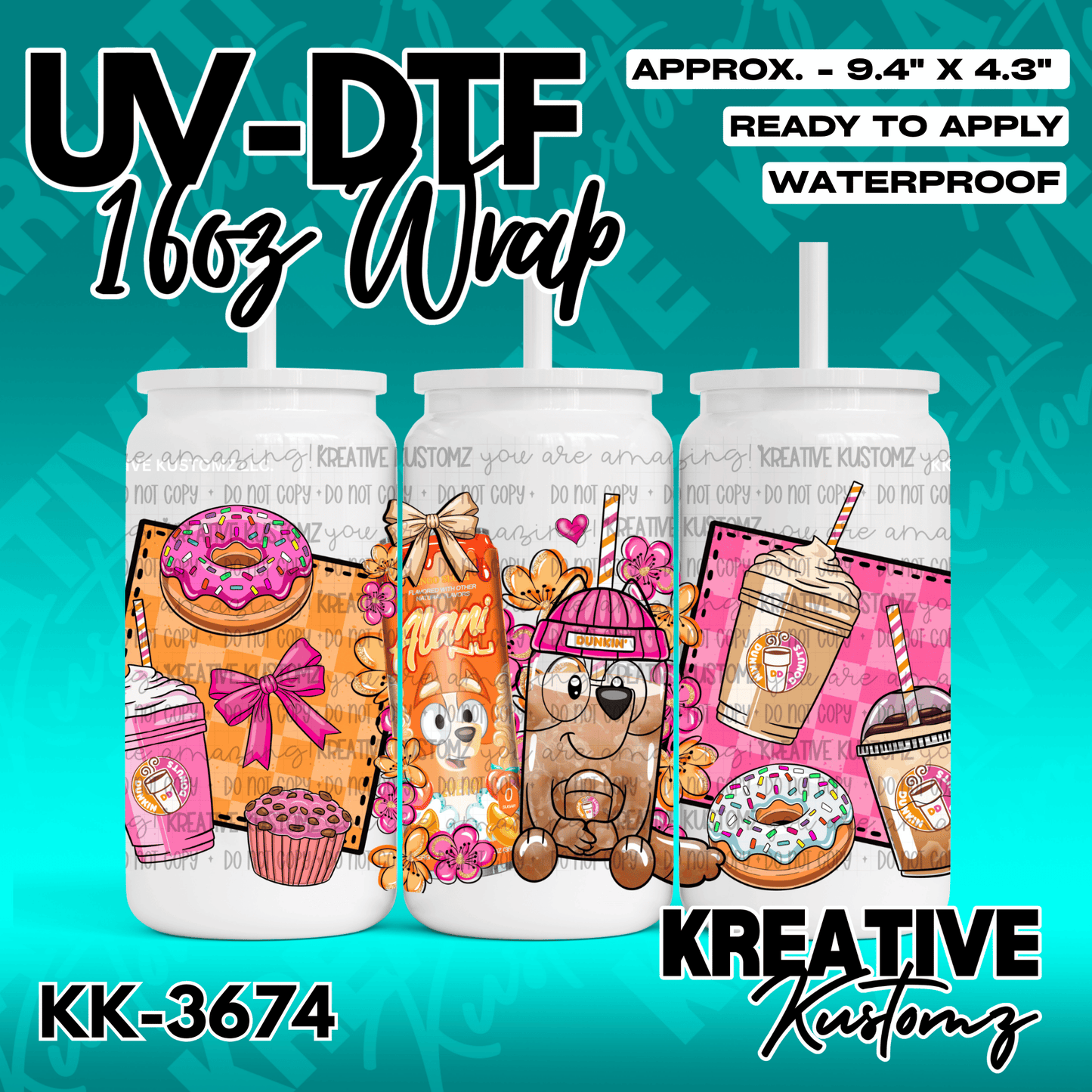A colorful UV DTF adhesive wrap for 16oz glass cans featuring donuts, coffee, and cartoon animals.