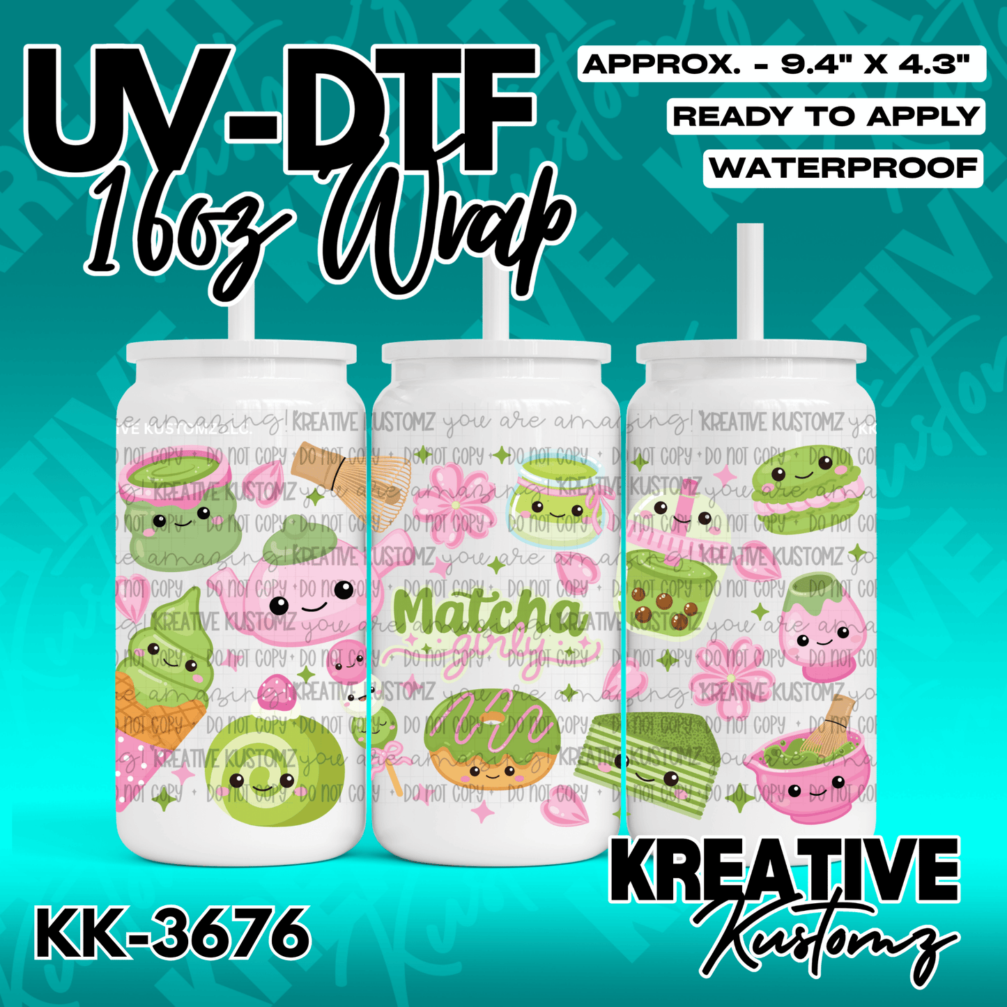 A UV DTF cup wrap featuring cute matcha-themed illustrations for a 16oz glass can.