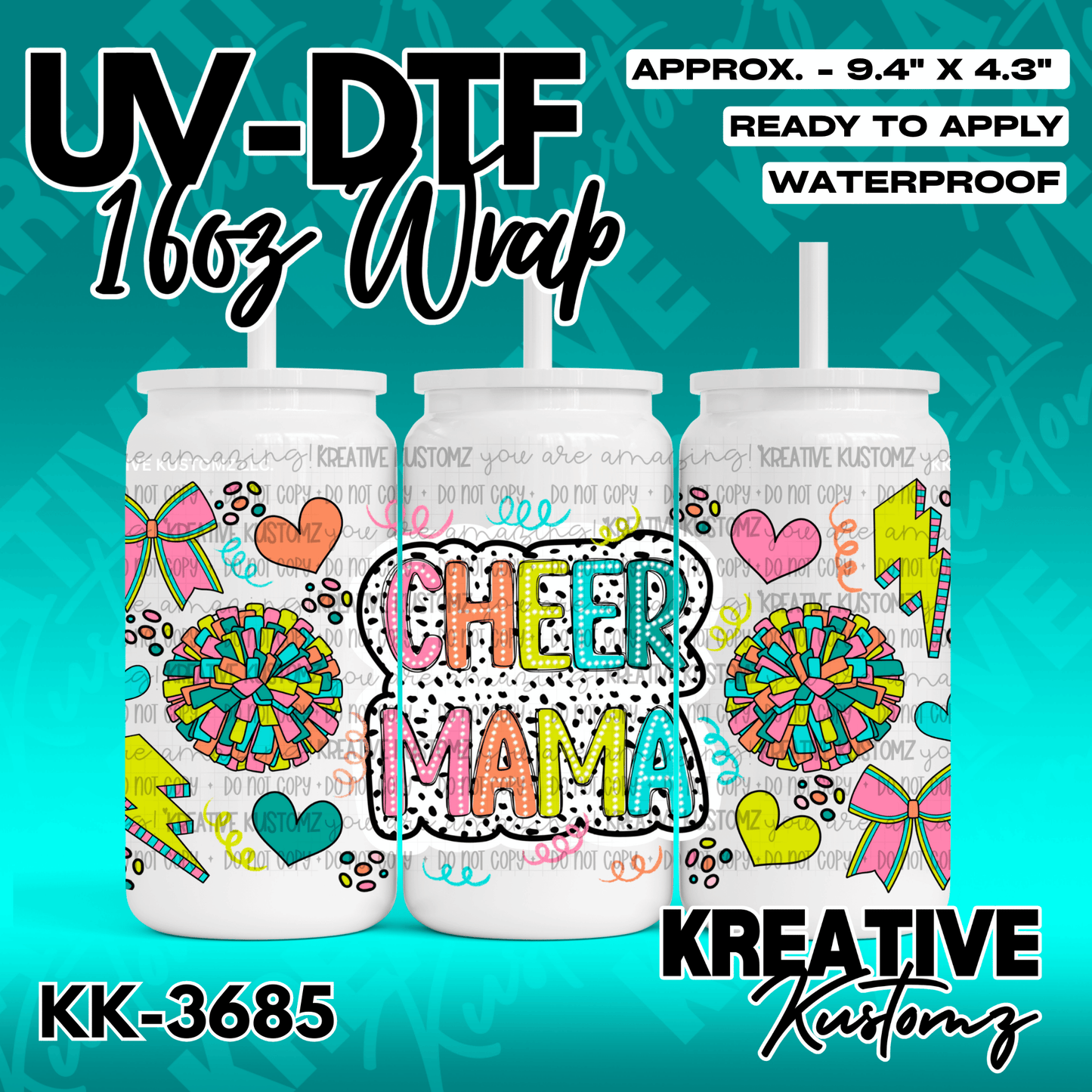 A colorful Cheer Mama UV DTF adhesive wrap for a 16oz glass cup featuring pom-poms and bows.