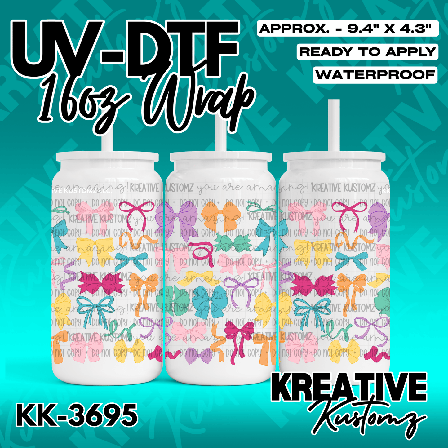 A UV DTF adhesive wrap for 16oz glass cans featuring a colorful pattern of bows.