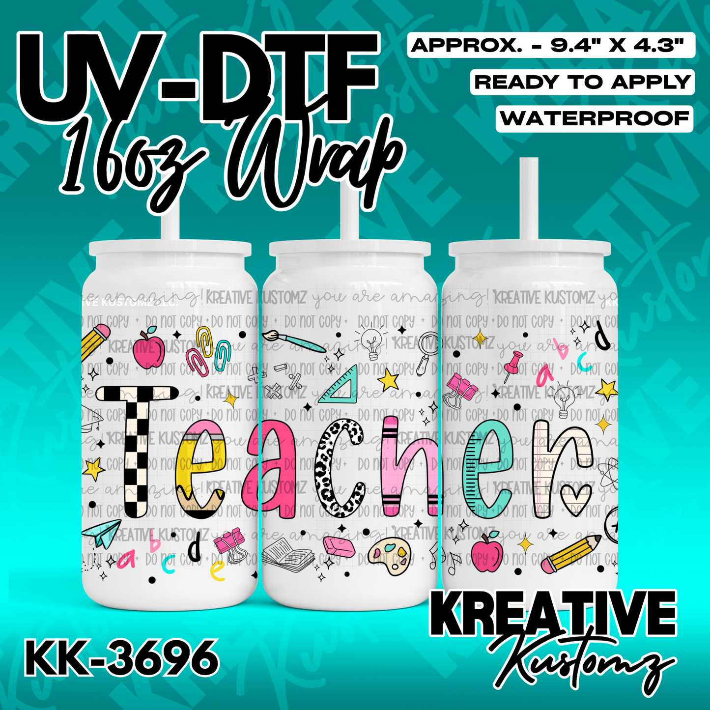A teacher themed UV DTF adhesive wrap for a 16oz glass can featuring school supply illustrations.