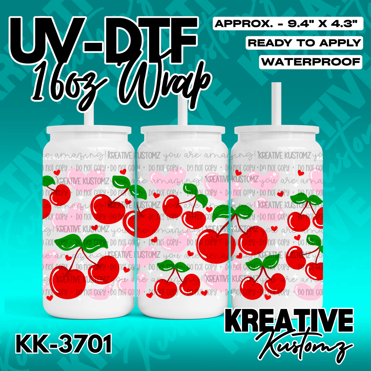 A cherry and heart patterned UV DTF wrap for a 16oz glass can.