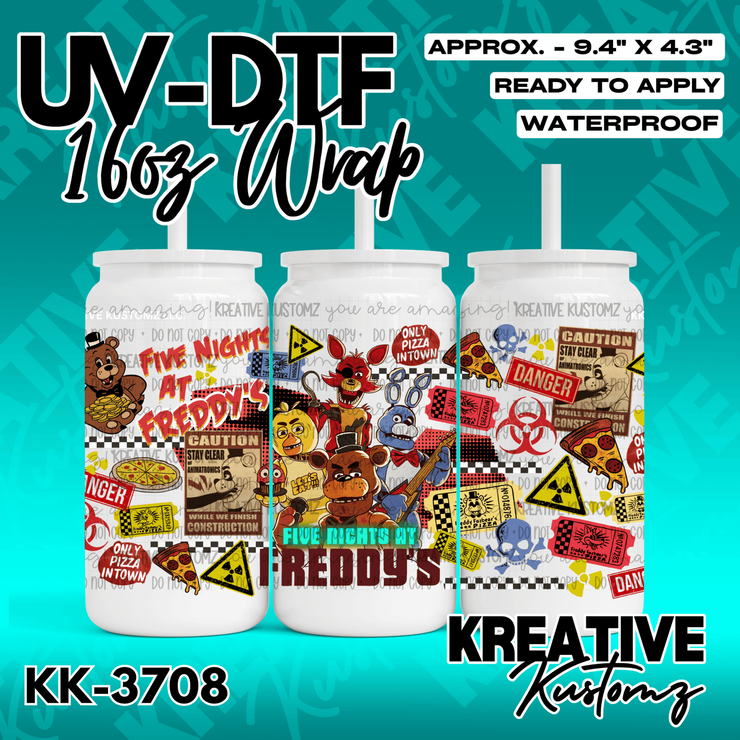 A Five Nights at Freddy's themed UV DTF adhesive wrap for a 16oz glass can.